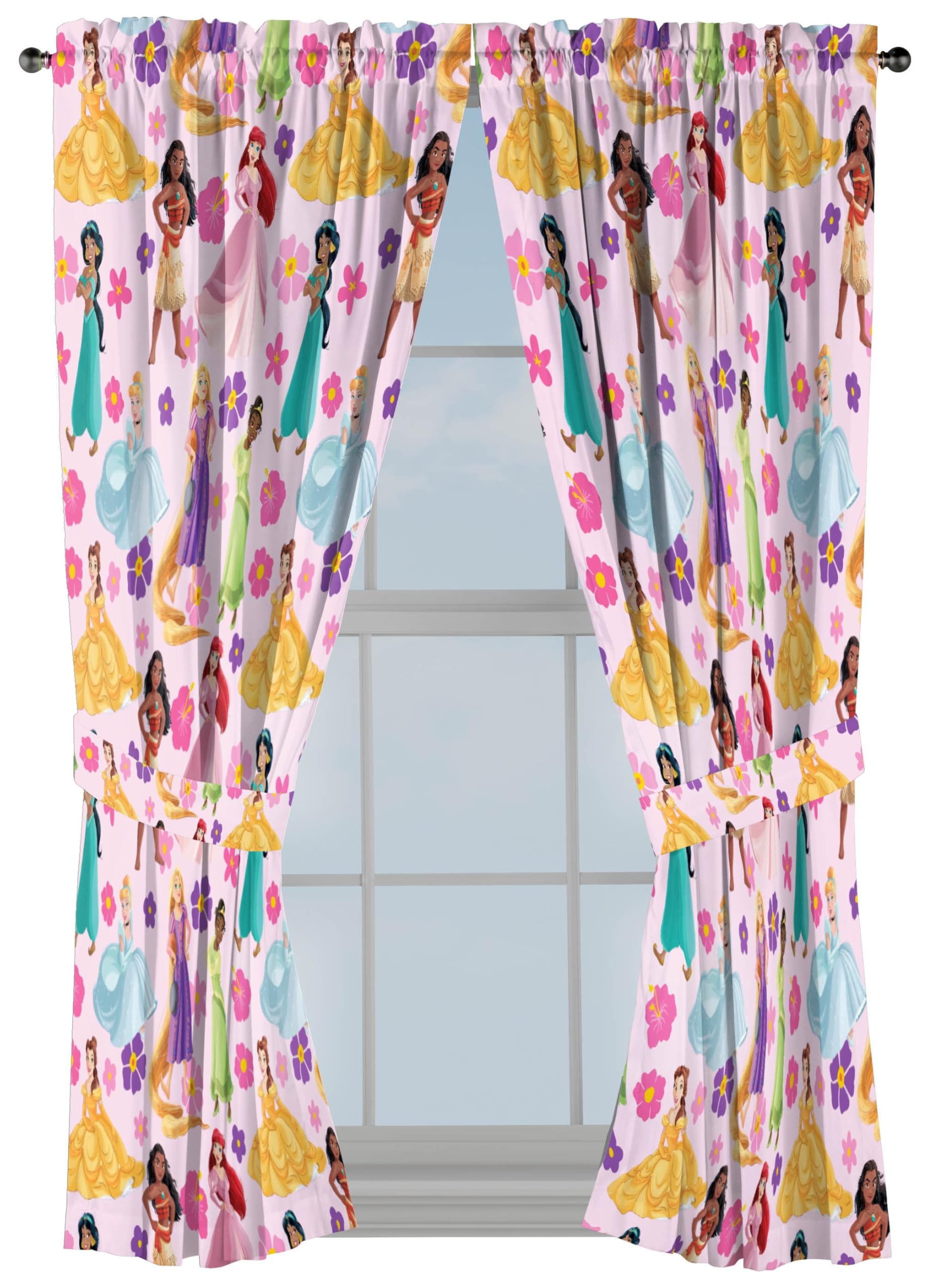 Jay Franco Window Curtains for Kids Bedroom 4-Piece Drape Set with 2 Tiebacks, Pink - Disney Princess, 42" W x 63" L (Pack of 2)
