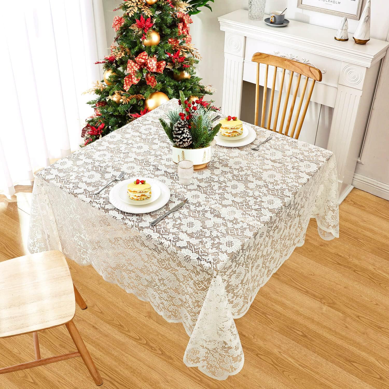 WUBODTI Cream Lace Square Tablecloth 54x54 Inches for Christmas, Holiday Dinner, Wedding, Party,Vintage Floral Embroidery Small Lace Table Linens Table Cloth Cover for Kitchen Dining Room
