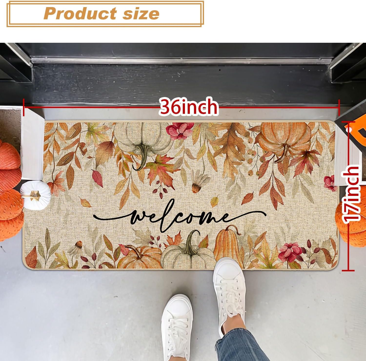 Baccessor Fall Pumpkins Leaf Doormat Indoor Outdoor Outside Autumn Thaksgiving Decorative Front Long Welcome Door Mat Non-Slip Rubber Backing Seasonal Kitchen Entrance Floor Decoration 17 x 36 Inch