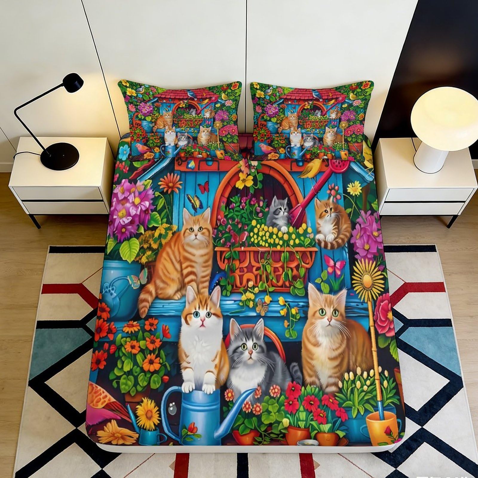 3D Printed Floral Cat Fitted Sheet Microfiber Non-Slip Deep Pocket Bedroom Bedding Floral Cat Mattress Fitted Cover Full Wrap Washable for All Ages 200x200x25cm 90x200x25cm