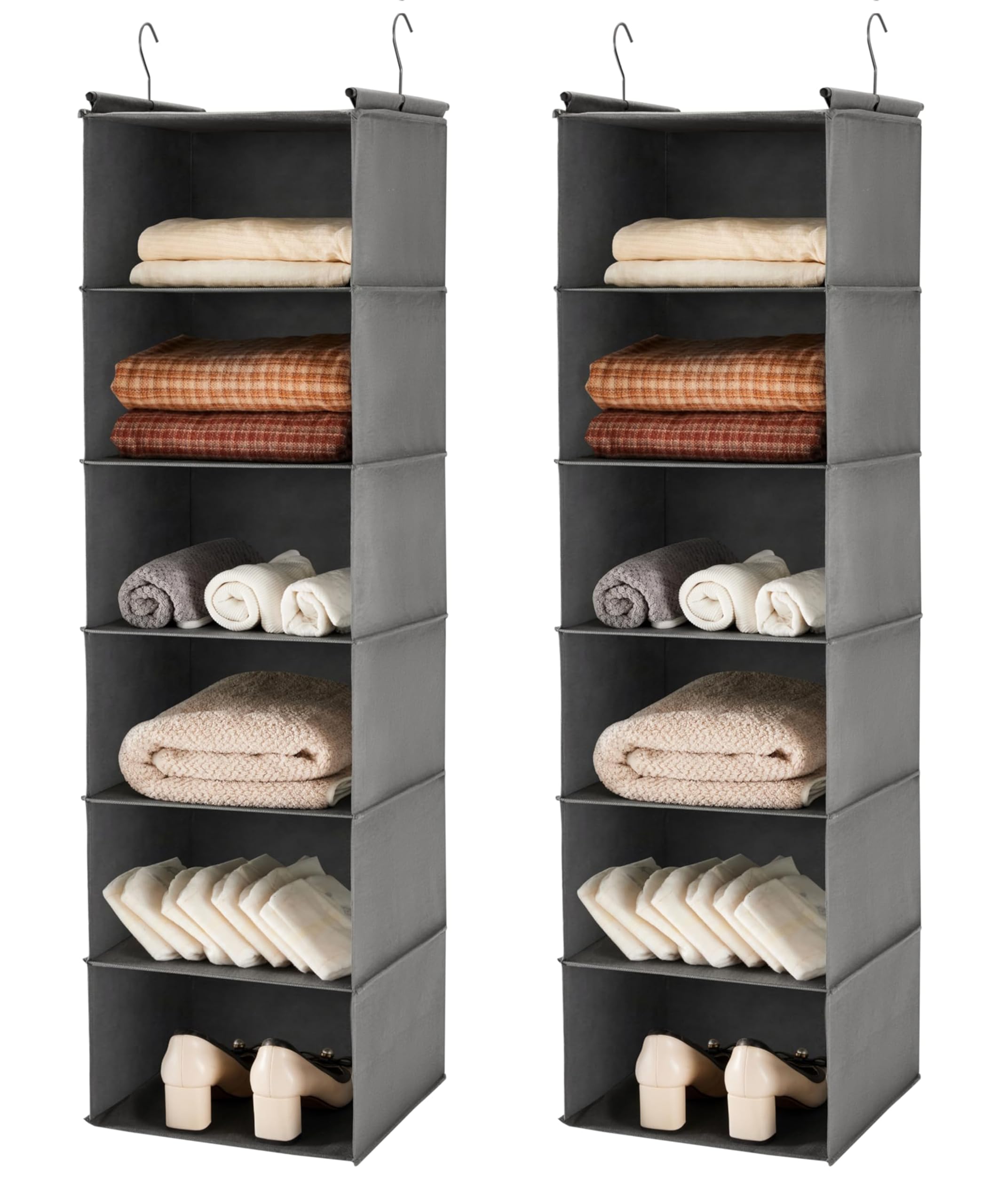 MAX Houser 6 Tier Shelf Hanging Closet Organizer, Closet Hanging Shelf with 2 Sturdy Hooks for Storage,2 Pack, Foldable (Grey)