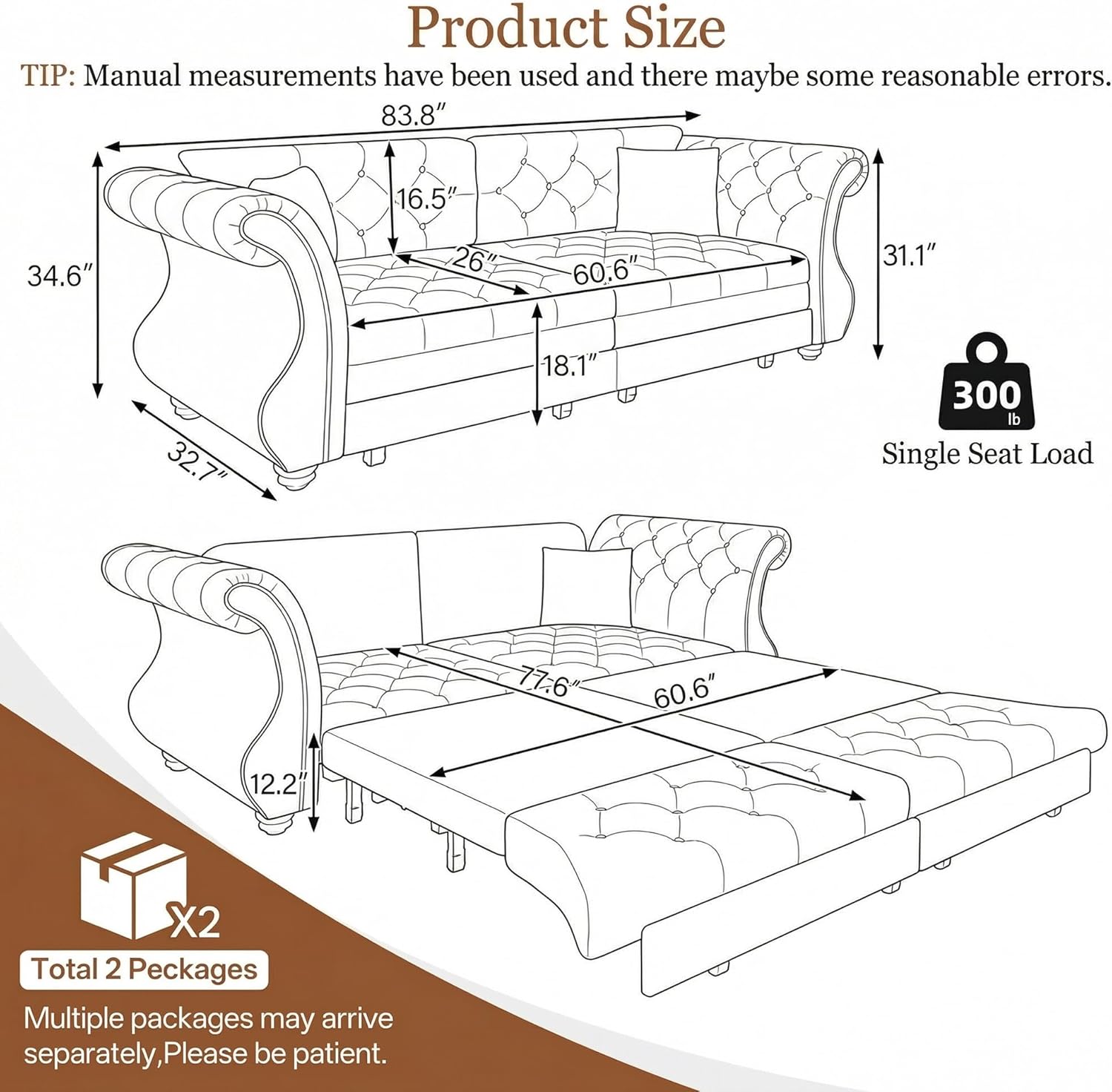 83.8" Queen Size Sleeper sofa bed, 3-in-1 Convertible Oversized Chesterfield Pull Out Couch, Roll Arm Velvet Couch with Flower Tufting, Upholstery for Living Room/Bedroom/Apartment, Light Grey