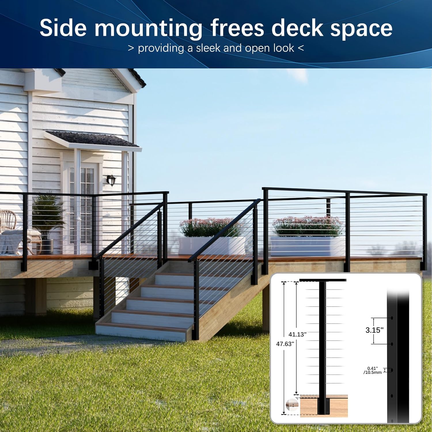 Side Mount Outer Corner Post 42" (Post Body 48"), Fixed Top Three Side Drilled Corner Post Cable Railing, Black Stainless Steel 304 Fascia Mount Metal Post with Inner Terminal & Cable Grommet