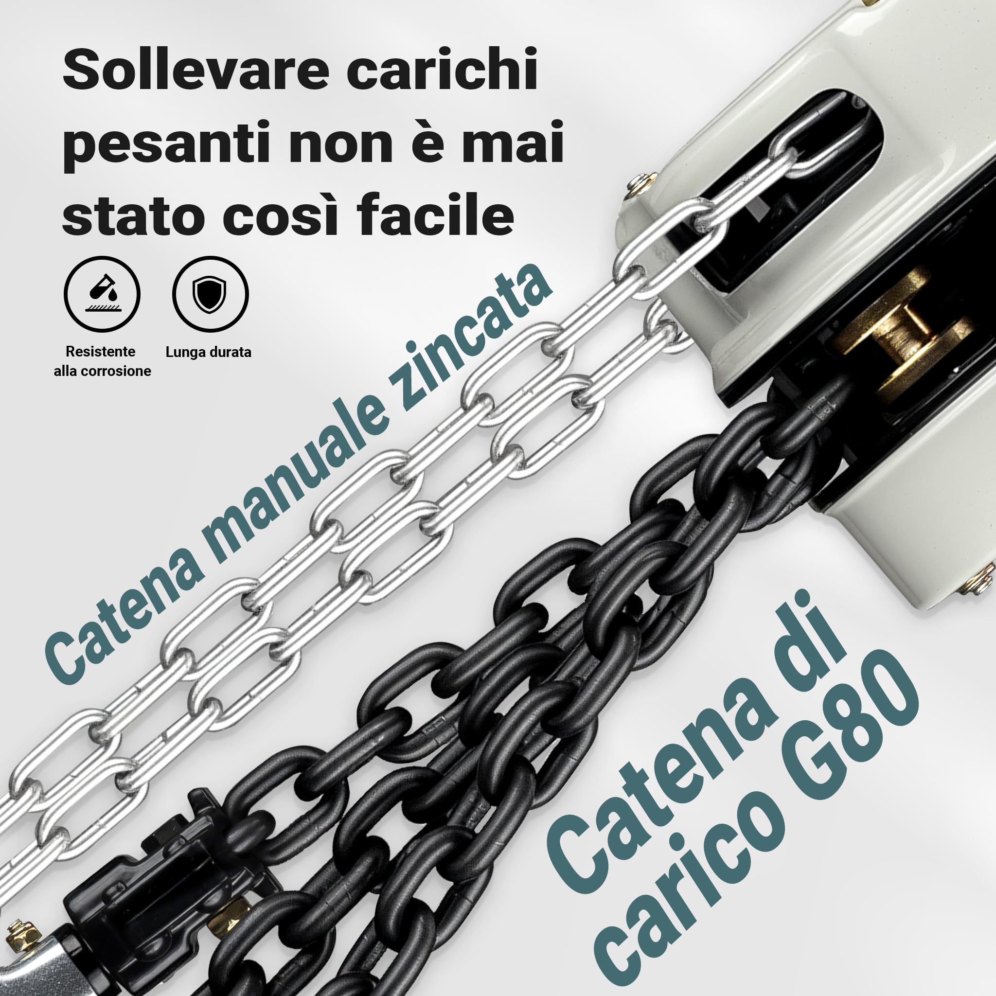 Wiltec Mini paranco a catena manuale VSK-1, capacità di carico 1 t, altezza di sollevamento 3 m, per sollevare e abbassare carichi pesanti in officine, magazzini e cantieri, per impieghi gravosi