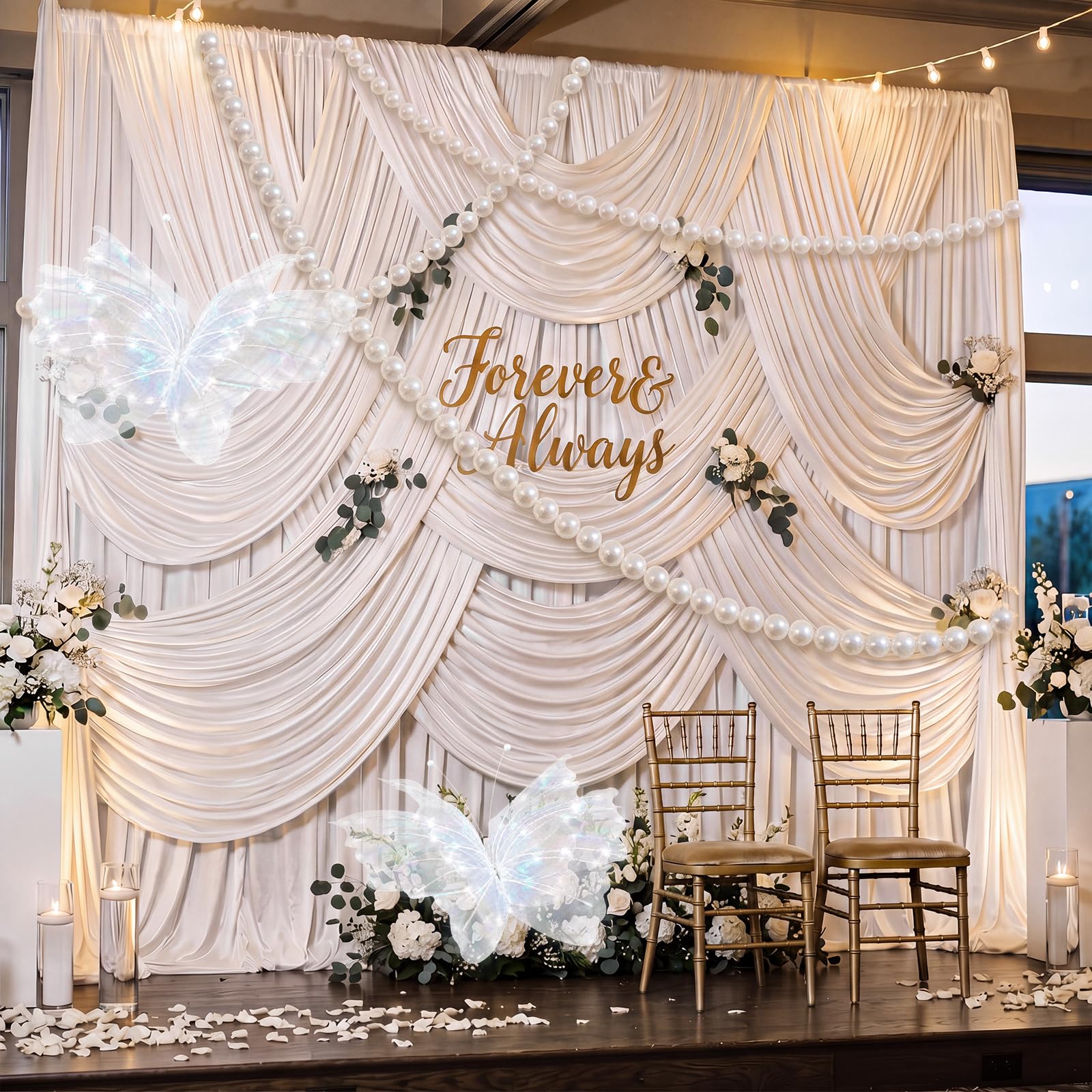 Pinkunn 4 juegos de decoración de fiesta de boda que incluyen decoración LED de mariposa gigante de 20 pulgadas, guirnalda de perlas de 12 pies, telón de fondo para arco de boda, despedida de soltera