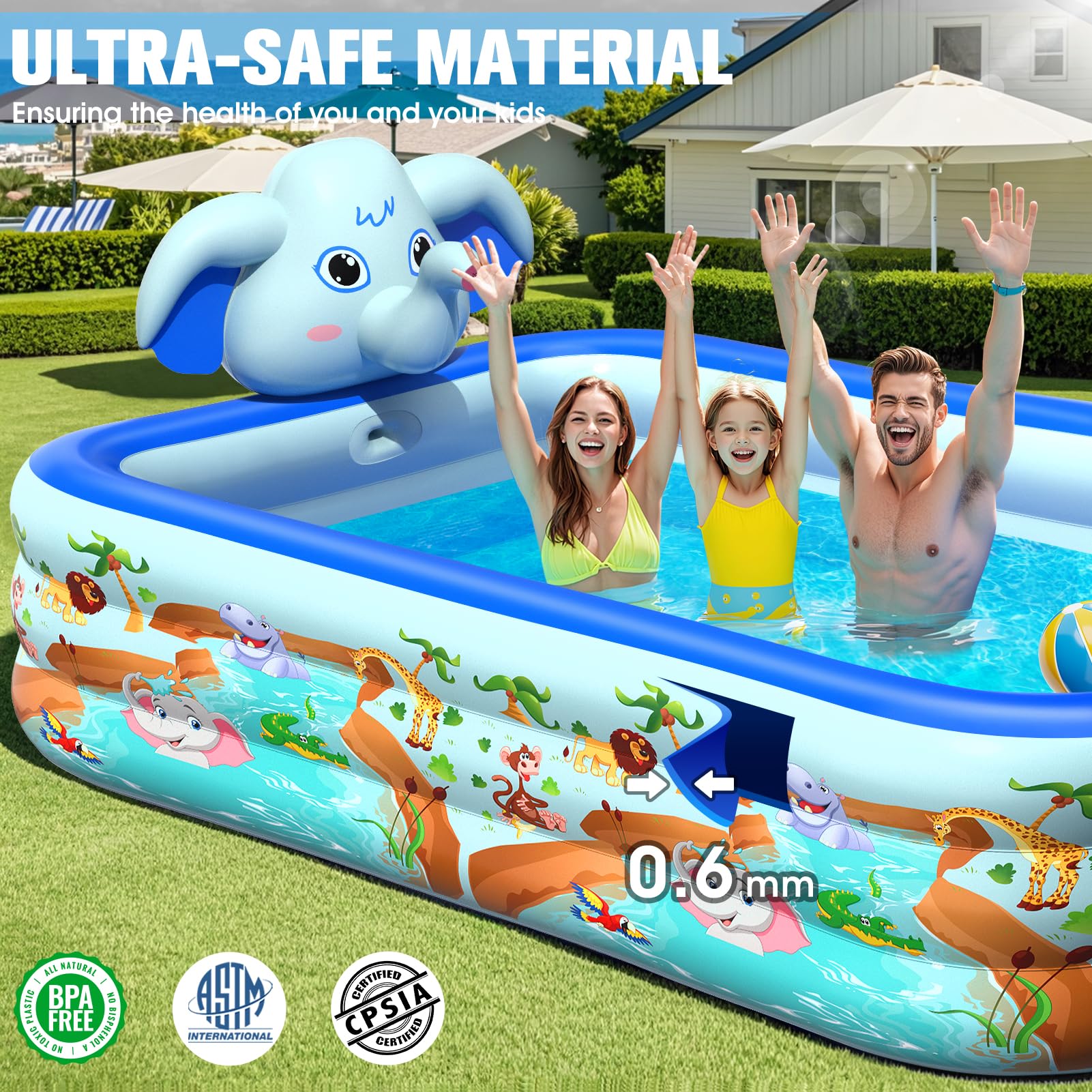 LanBlu Planschbecken Rechteckig mit Sprinkler, Elefant Aufblasbarer Pool Erwachsene, 0.6mm Verdicktes Family Pool, XXL 252×183×56CM