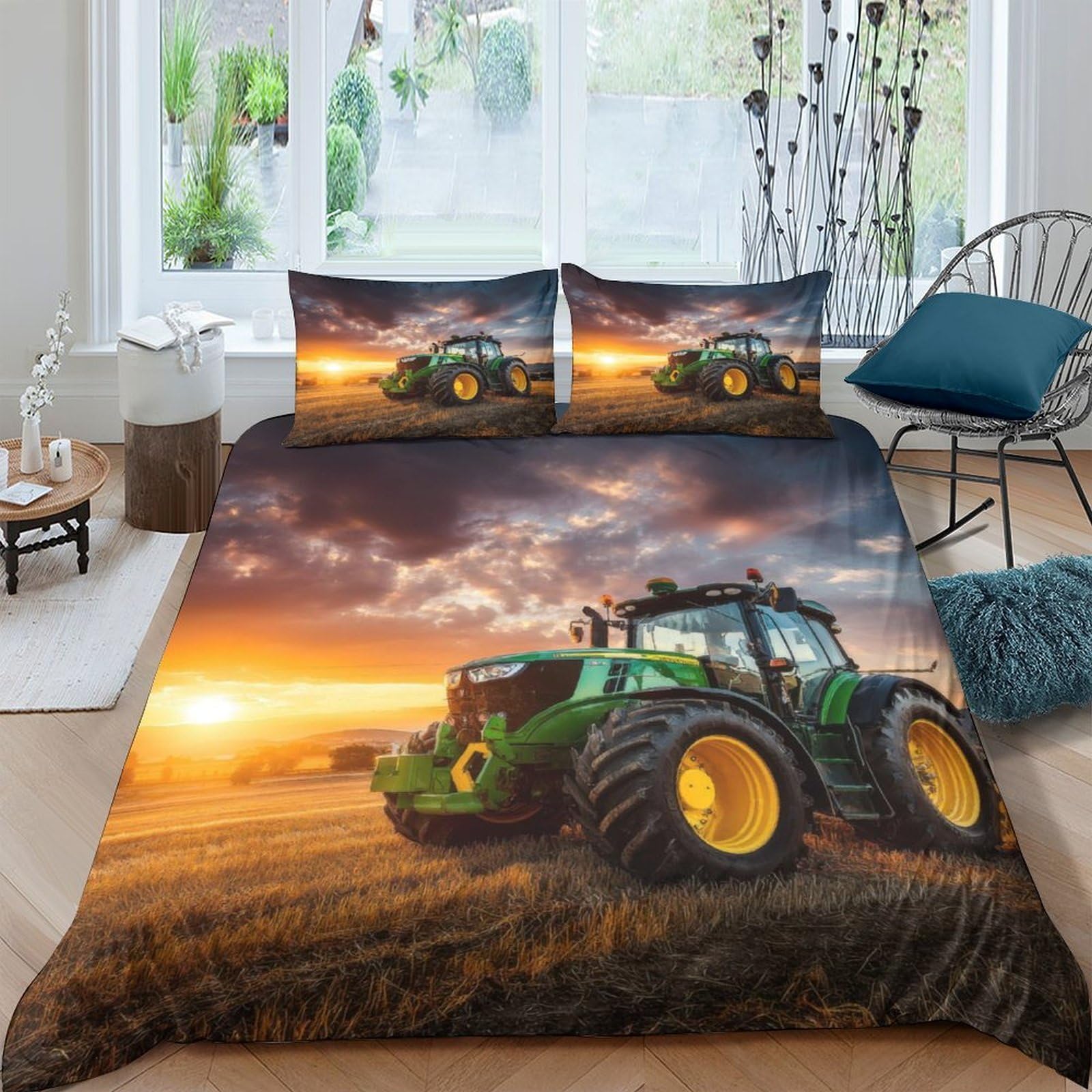 Ctjqhvkz Style-10 3D Printed Green Tractor Sunset Fitted Sheet Microfiber Non Slip Bed Cover For Bedroom Dorm Mattress Decor Single（135X200cm）