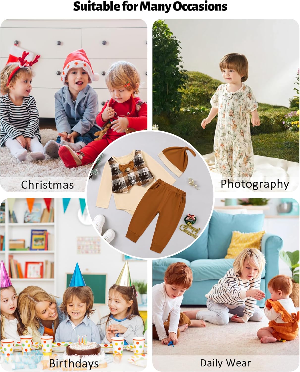 Newborn Baby Boy Clothes Christmas Outfit Long Sleeve Gentleman Suit Faux Vest Romper + Hat + Pants Clothes Set - Image 4