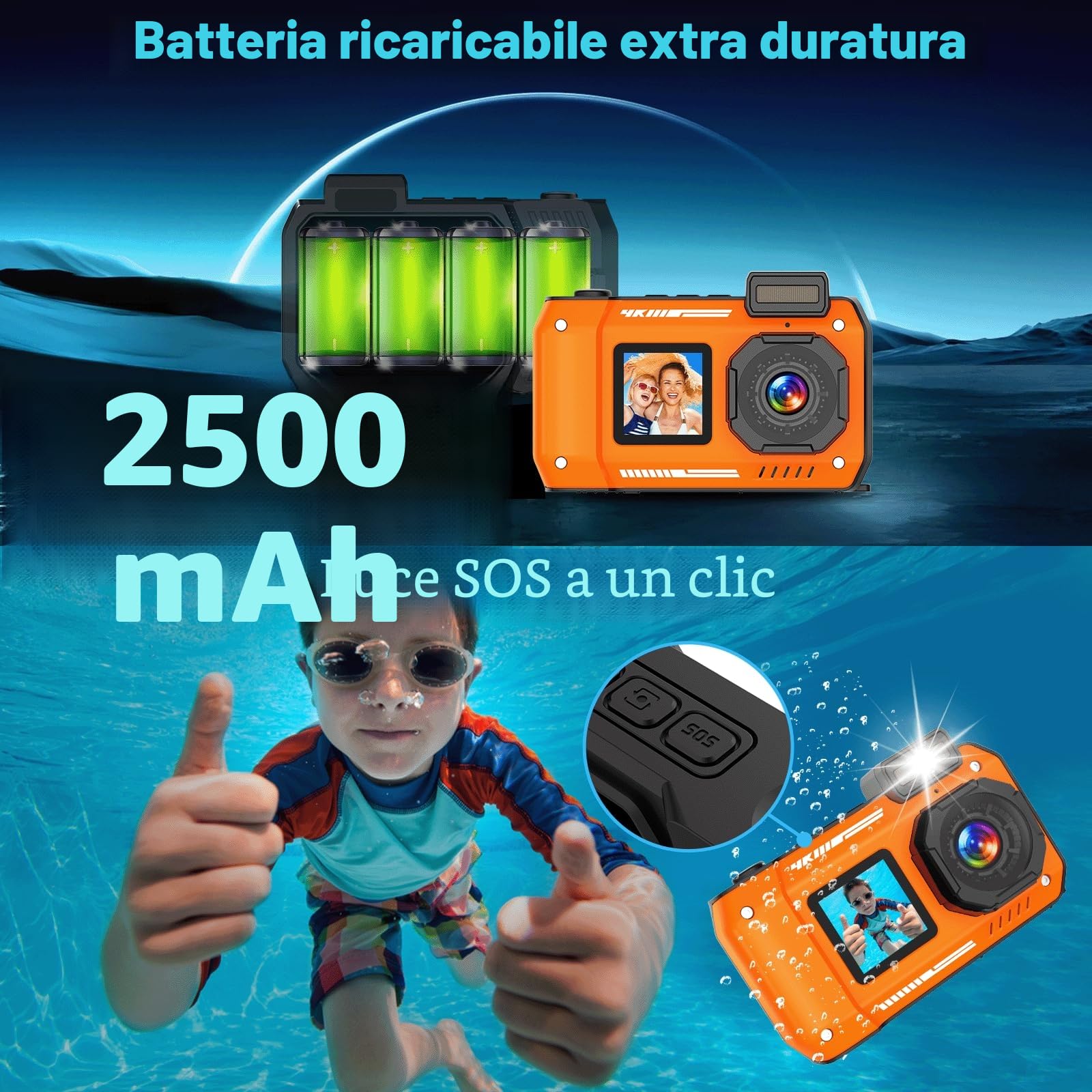 Fotocamera subacquea 4K 48MP impermeabile 32GB doppio schermo robusta antipolvere antiurto autofocus per selfie snorkeling immersioni sport viaggi (arancione)