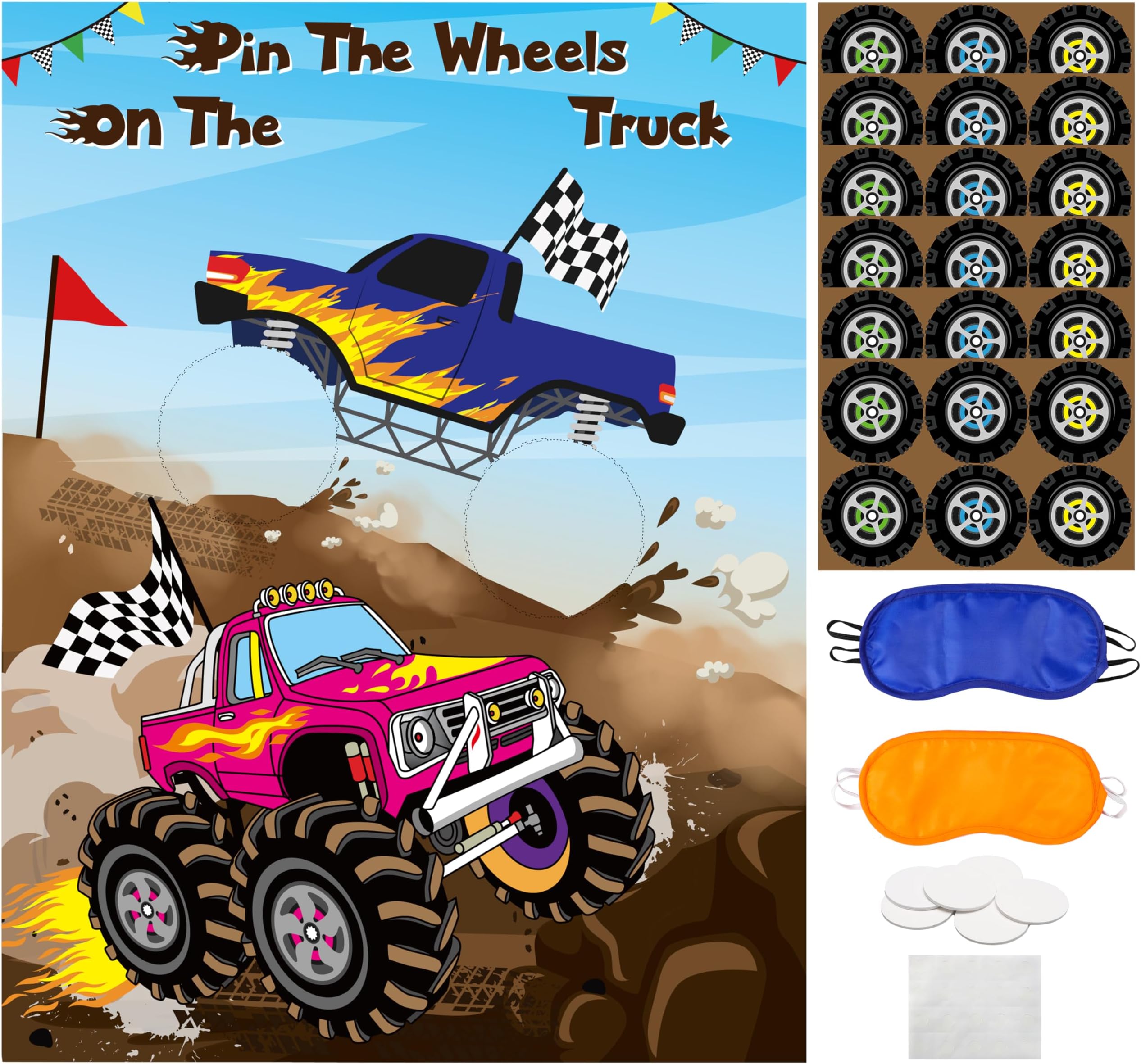 ANGOLIO Monster Truck Pin The Tail Games Party Supplies Pin The Wheels on The Monster Truck Poster Birthday Collection Favor Baby Shower Background Game Accessories for Kids ( Includes 2 Blindfolds )
