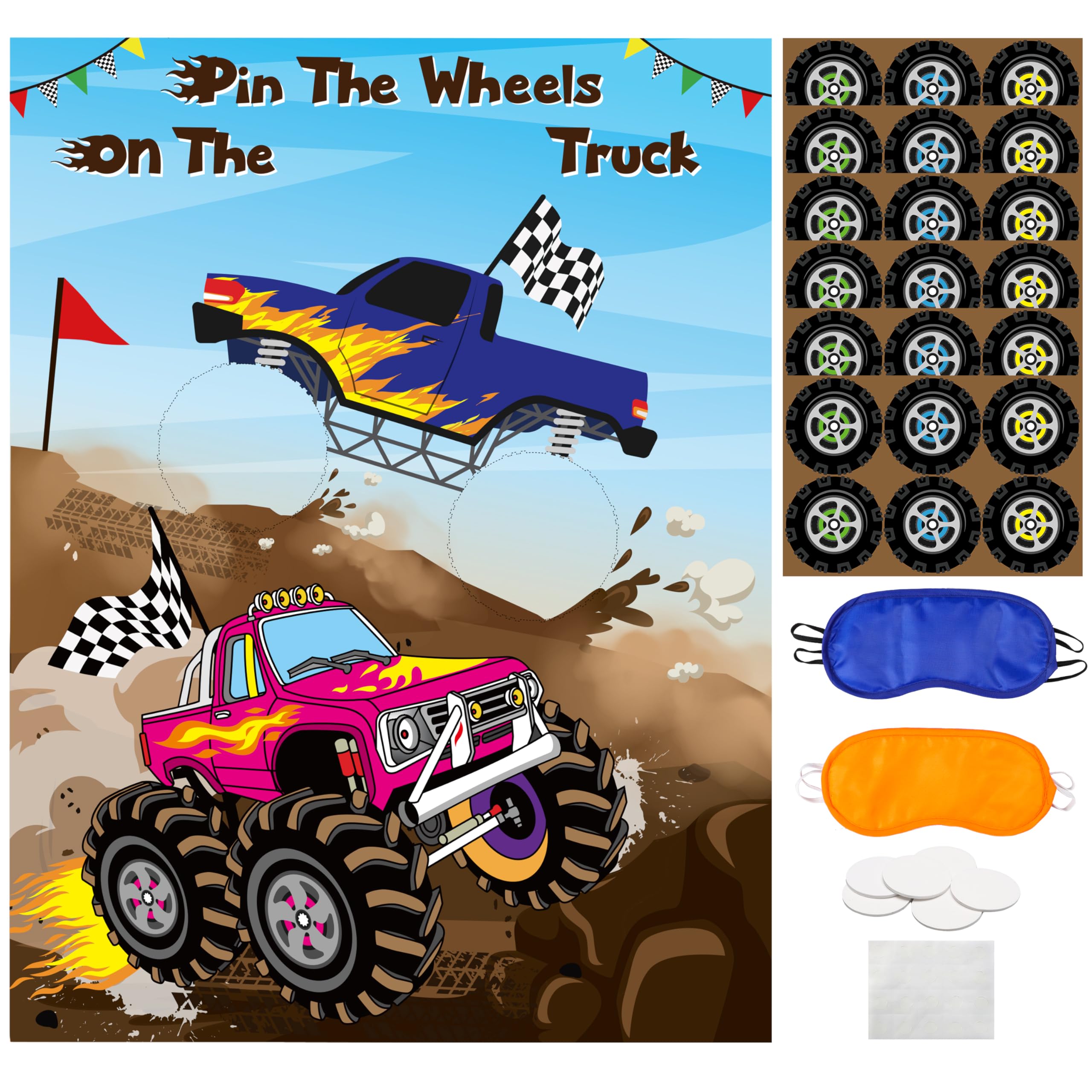 ANGOLIO Monster Truck Pin The Tail Games Party Supplies Pin The Wheels on The Monster Truck Poster Birthday Collection Favor Baby Shower Background Game Accessories for Kids ( Includes 2 Blindfolds )
