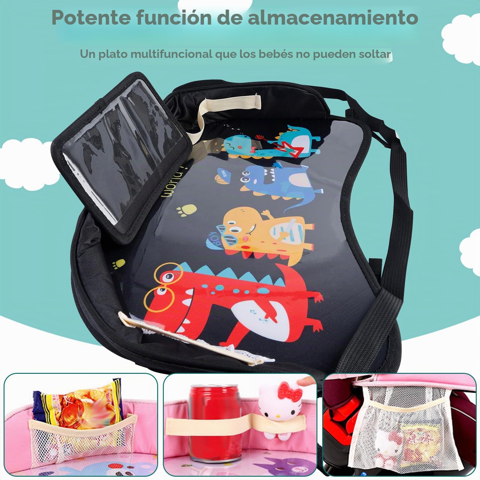 Bandeja para las Rodillas para Niños, Mesa de Viaje, Asiento de Coche Con Bolsillos de Red, para Juego y Comedor