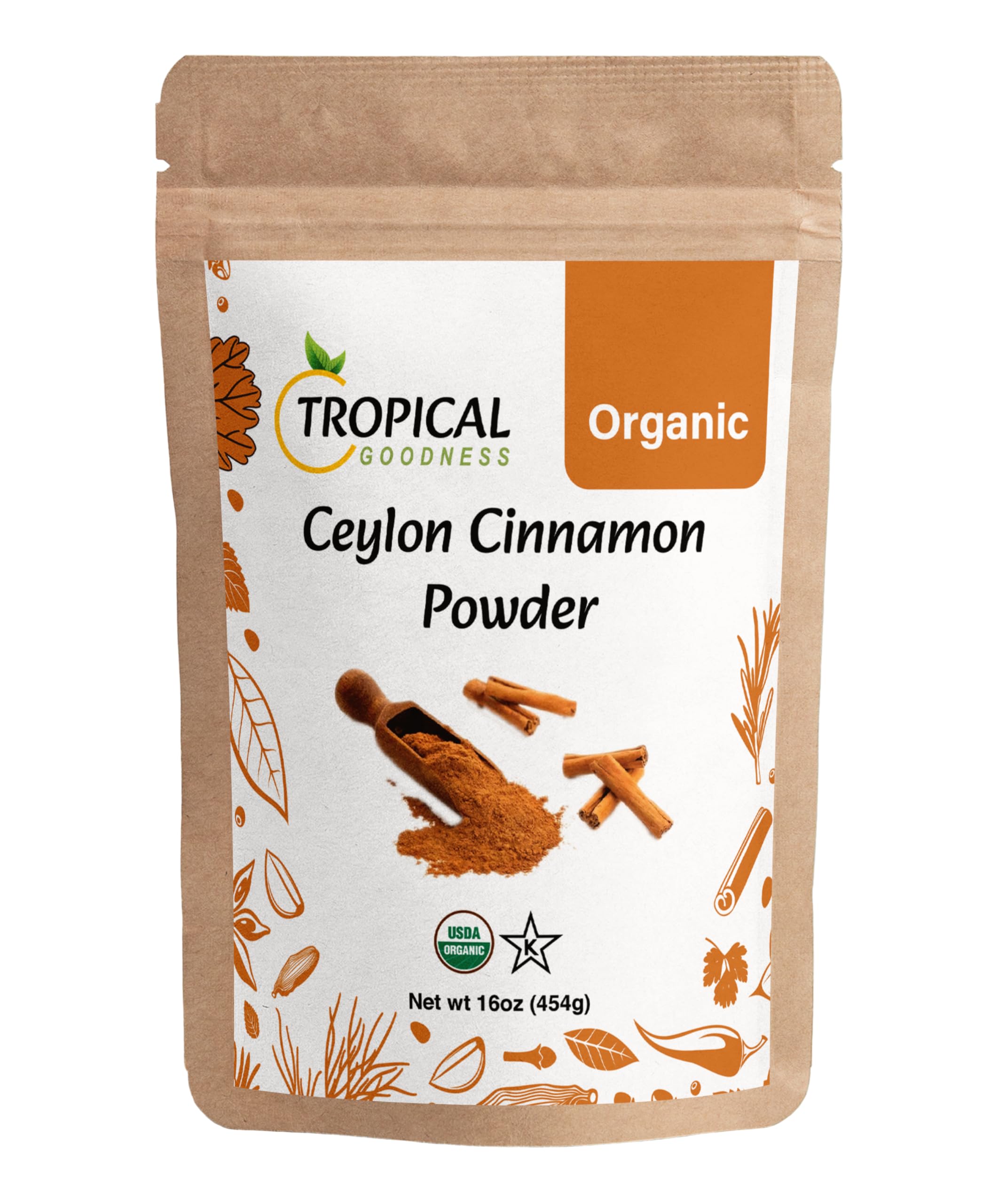 Tropical Goodness Ceylon Cinnamon Powder Organic 16oz/1lb, Authentic Tropical Flavour, USDA & Kosher Certified, Non-GMO, Gluten-Free
