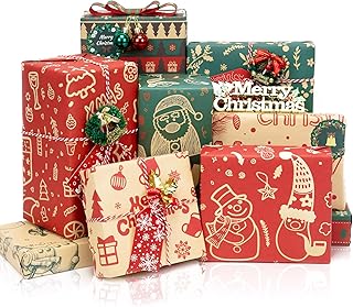 Toptime Christmas Wrapping Paper, 8 Sheets Gift Wrapping Paper w/Gift Tags Gift Ribbon Stickers, Vintage Xmas Wrapping Paper w/Snowman Santa Claus, Kraft Paper Gift Wrap for New Year, Party, 70x50cm