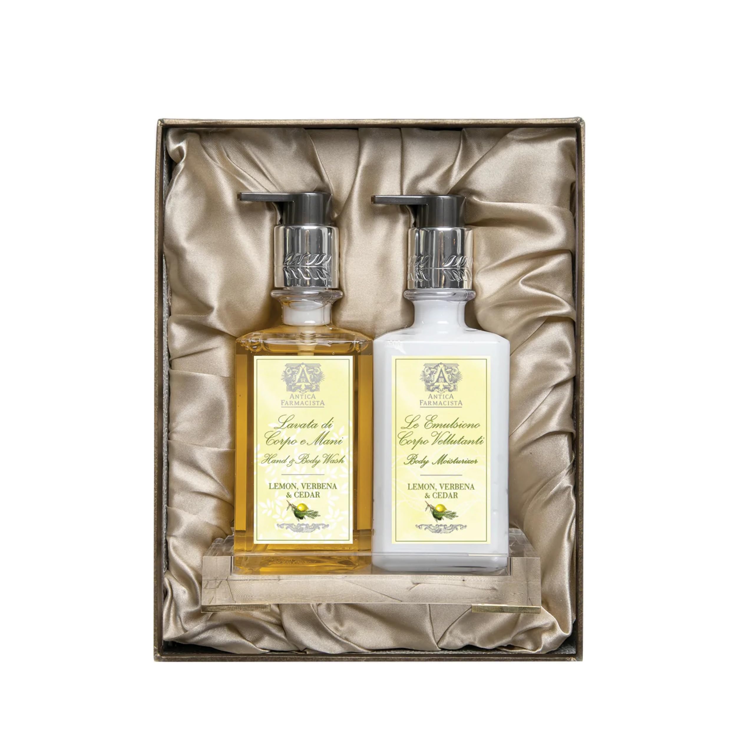 Antica Farmacista Acrylic Bath & Body Gift Set - Hand & Body Wash (10 oz), Body Moisturizer (10 oz) & Acrylic Tray - Self-Care Gift Box for Holidays,