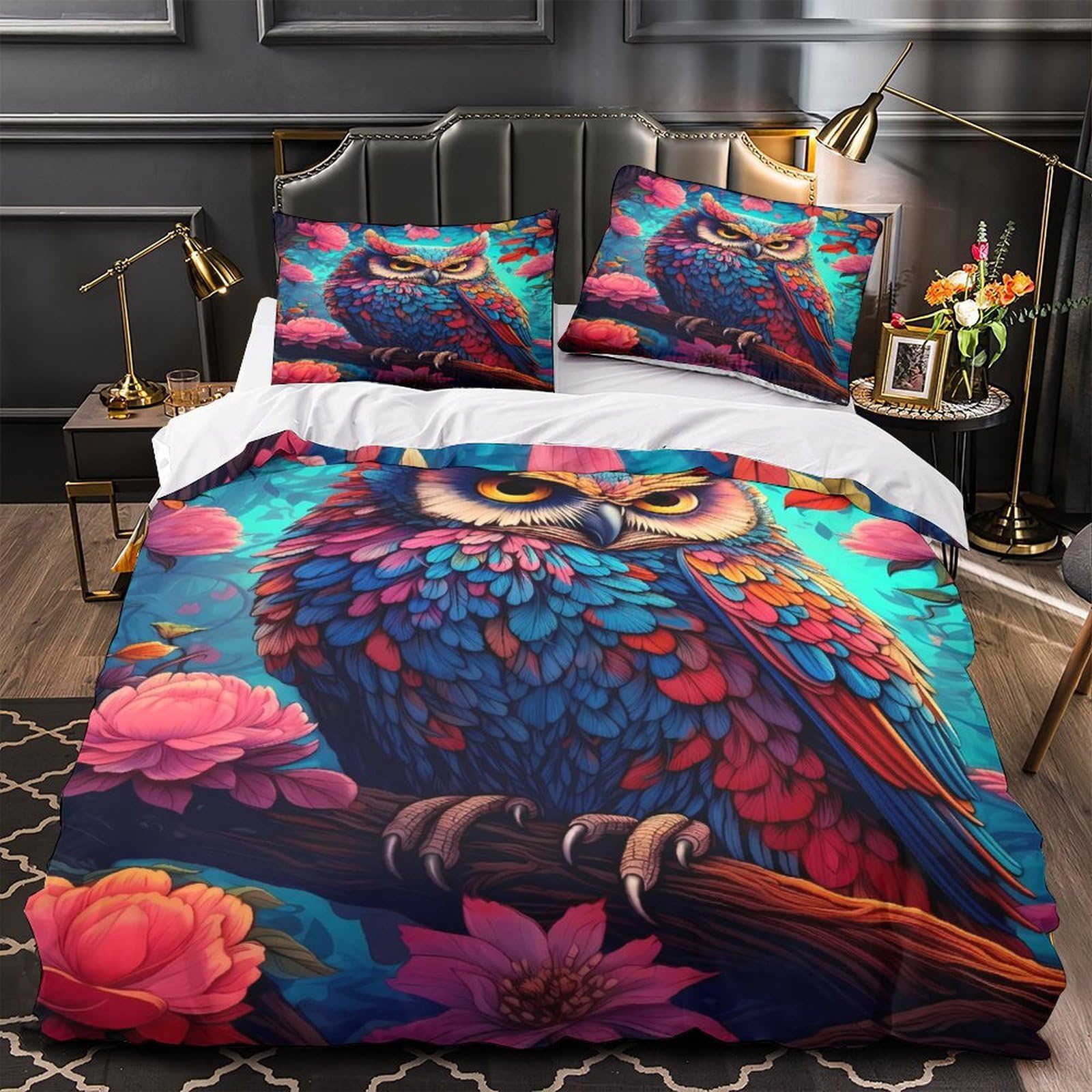 Parure de lit hibou coloré 200x200 housse de couette microfibre 3D