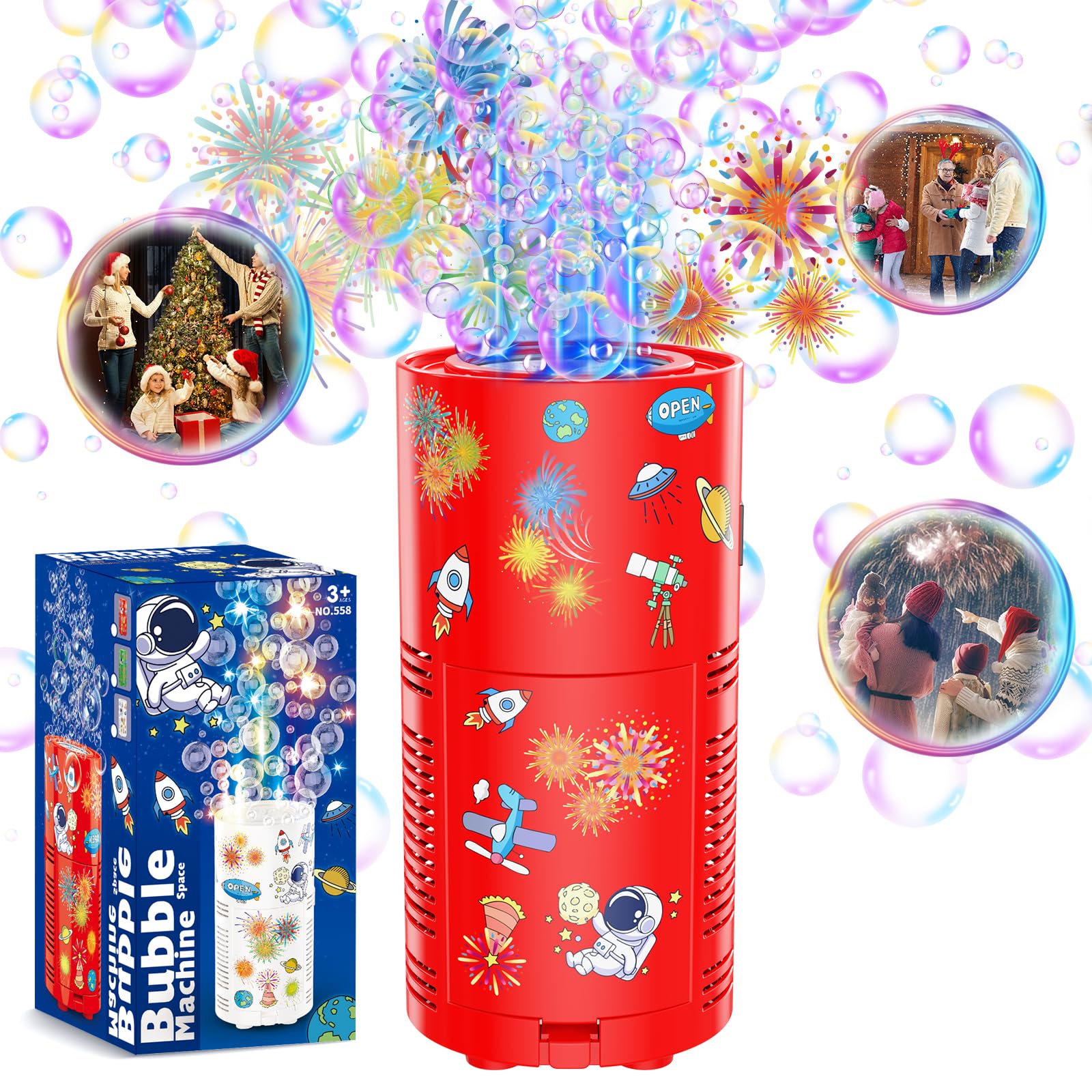 Panacare Feuerwerk Seifenblasenmaschine, Automatische Seifenblasenmaschine Kinder mit Seifenblasenlösung/Akku/Musik/Licht, Geschenk für Neujahr, Weinachten,Party,Hochzeit Firework Bubble Machine