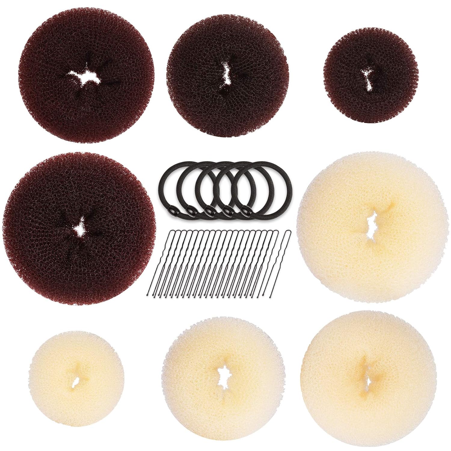 8pcs Hair Donut Bun Maker, FANDAMEI Hair Bun Maker Set with 4pcs Dark Brown &4pcs Beige Donut Bun Makers (2 extra-large, 2 large, 2 medium and 2 small), 5 pieces Hair Elastic Bands,20 pieces Hair Pins : Beauty & Personal Care