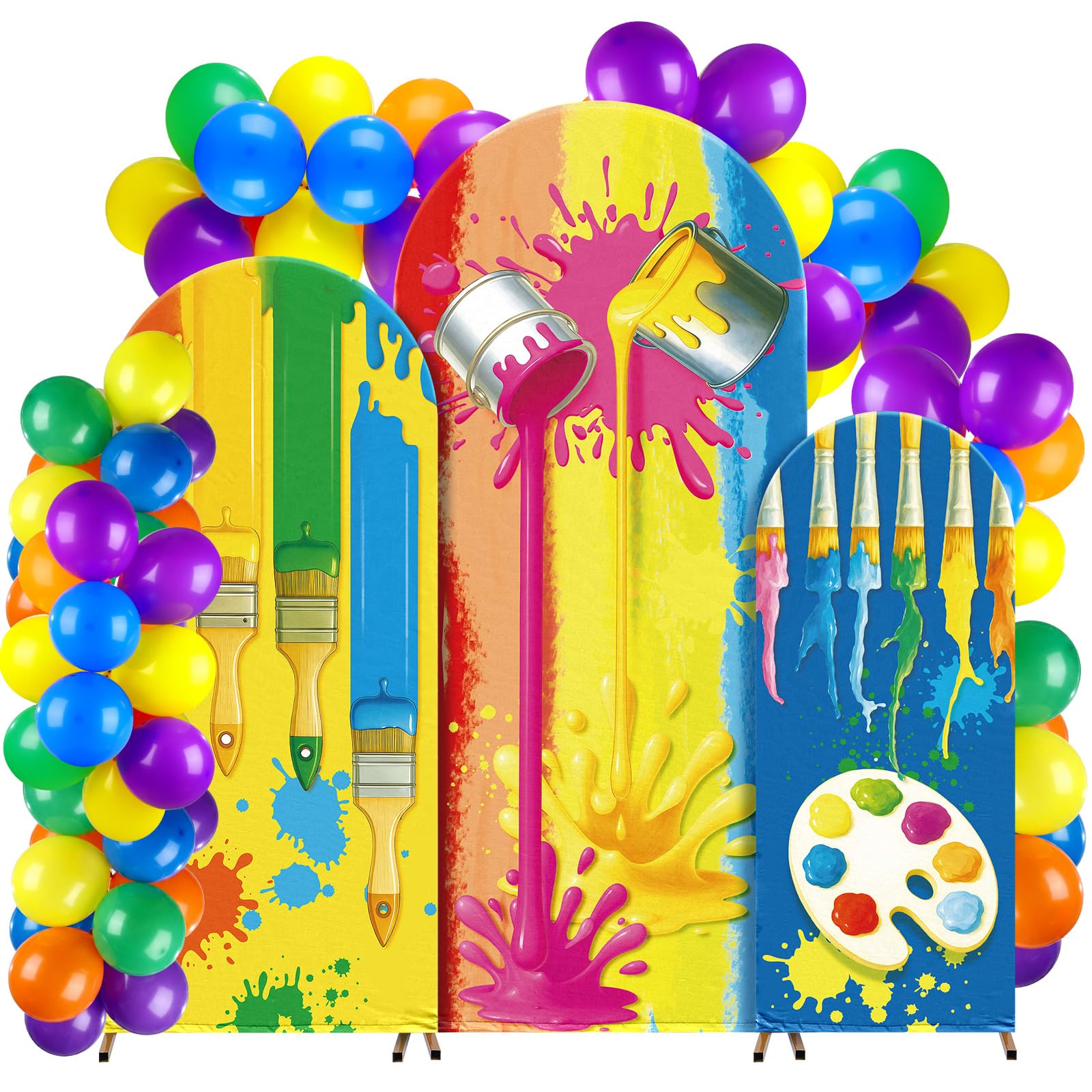3 Set Paint Party Decoration Art Paint Splatter Arch Backdrop Cover with 45 Balloon Oil Painting Spandex Fitted Arch Cover 4ft/5ft/6ft for Vbs School Photobooth Prop Artist Birthday Party Decor