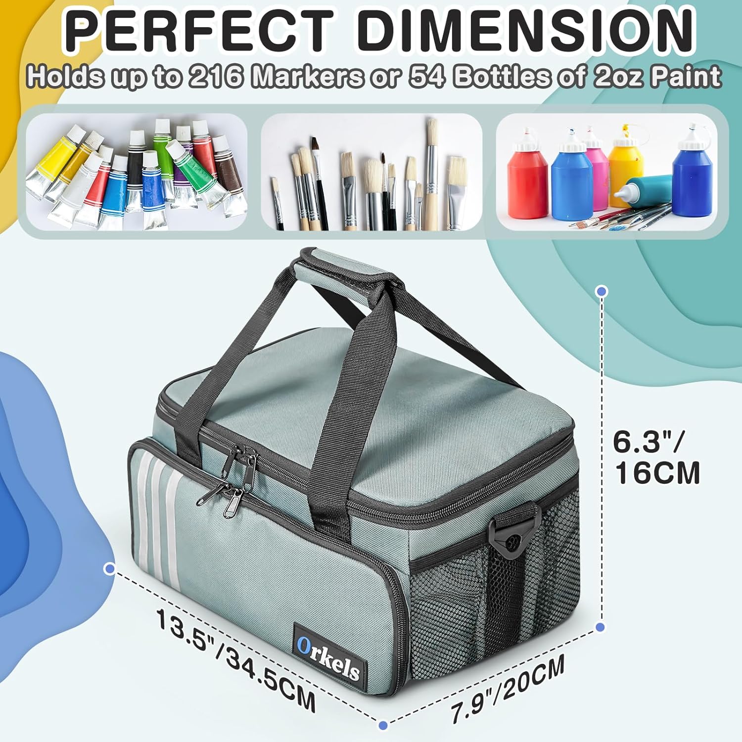ORKELS Craft Paint and Marker Organizer, Acrylic Paint Storage Bag with Brush and Bottle Holders, Large Marker Carrying Case for Artists (Gray)
