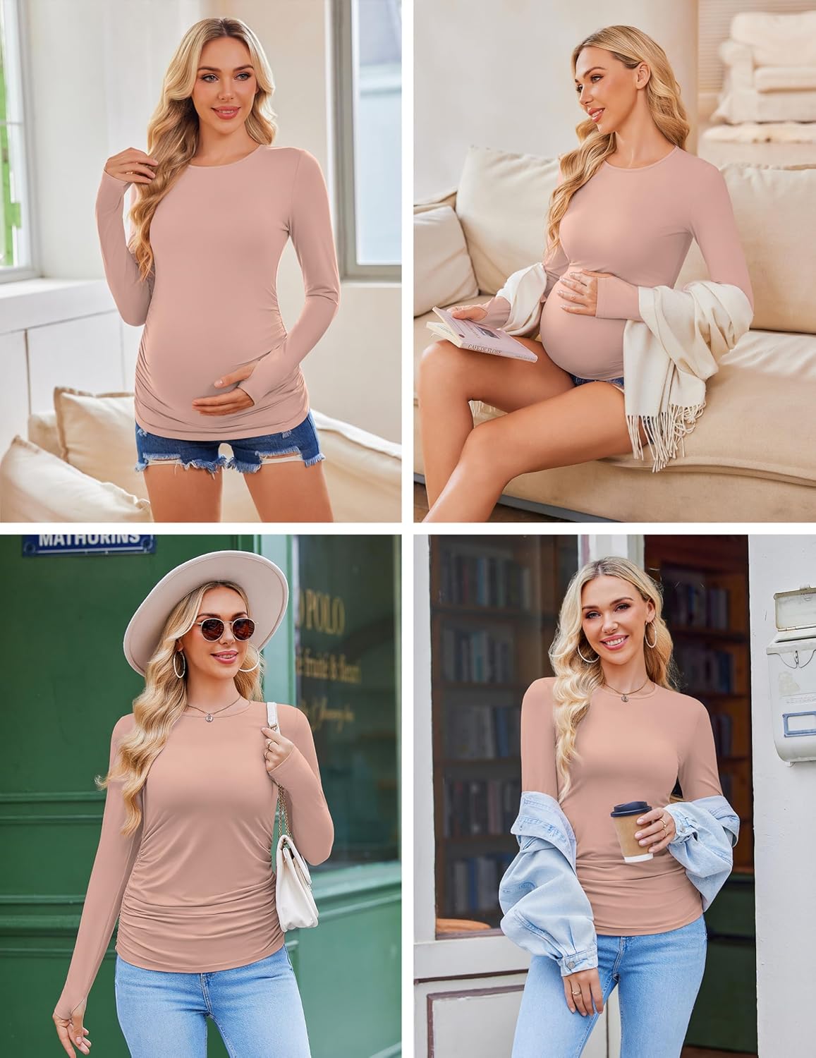Ekouaer Womens 3 Pack Long Sleeve Maternity Shirts Crew Neck Pregnancy Clothes Side Ruched Workout Tops Casual T-Shirt S-XXL - Image 2