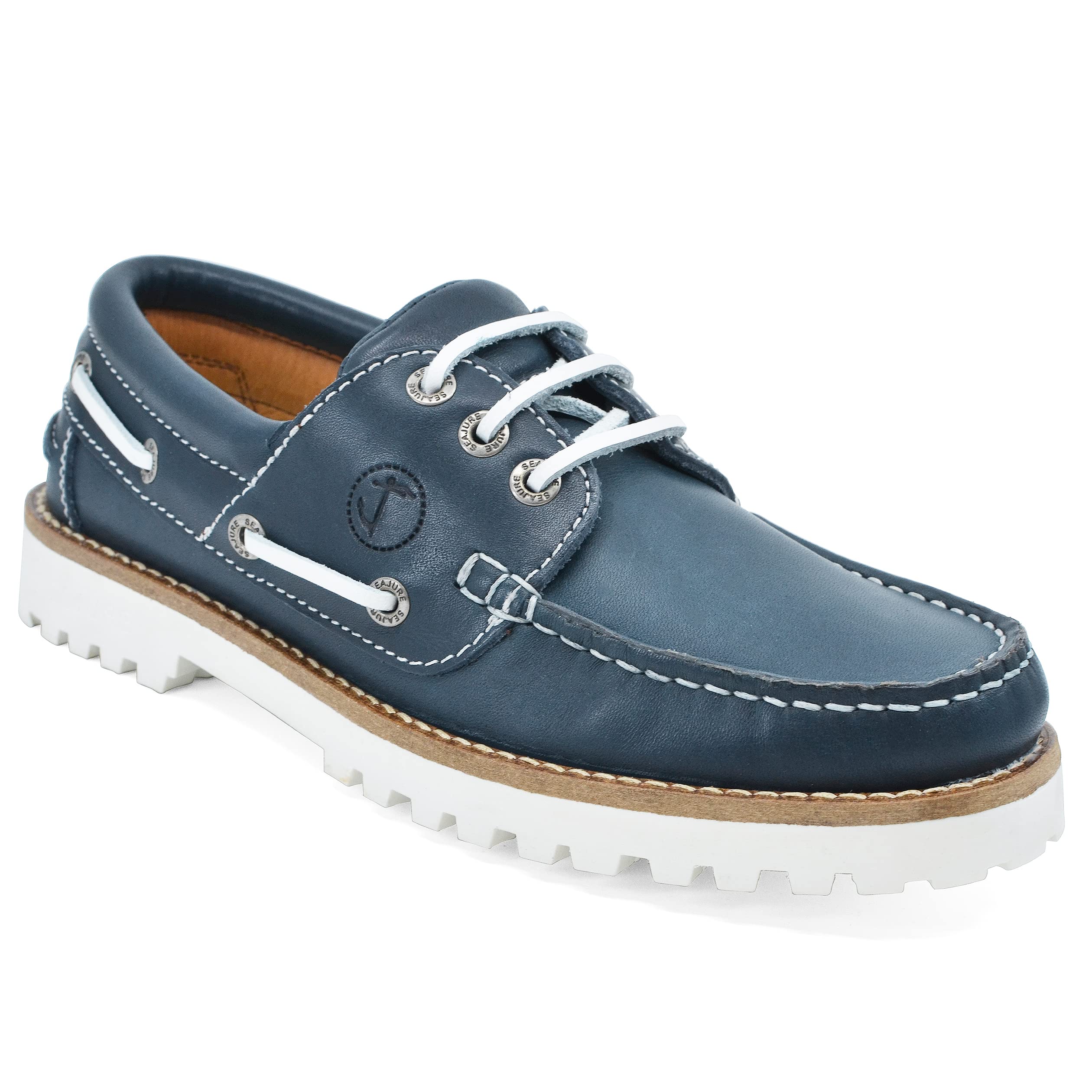 Seajure Chaussures Bateau pour Femme Sibang en Cuir Bleu Marine et Blanc