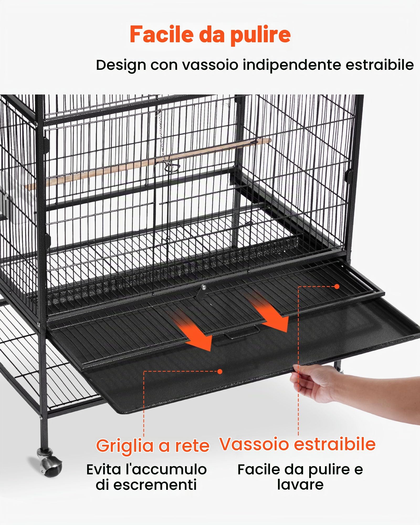VEVOR Gabbia Voliera per Uccelli da 930 x 580 x 1510 mm, Parte Superiore Piatta, in Ferro Battuto con Trespoli, Vassoio Estraibile e Mangiatoie in Plastica, Ruote, per Pappagallo, Cinciarella