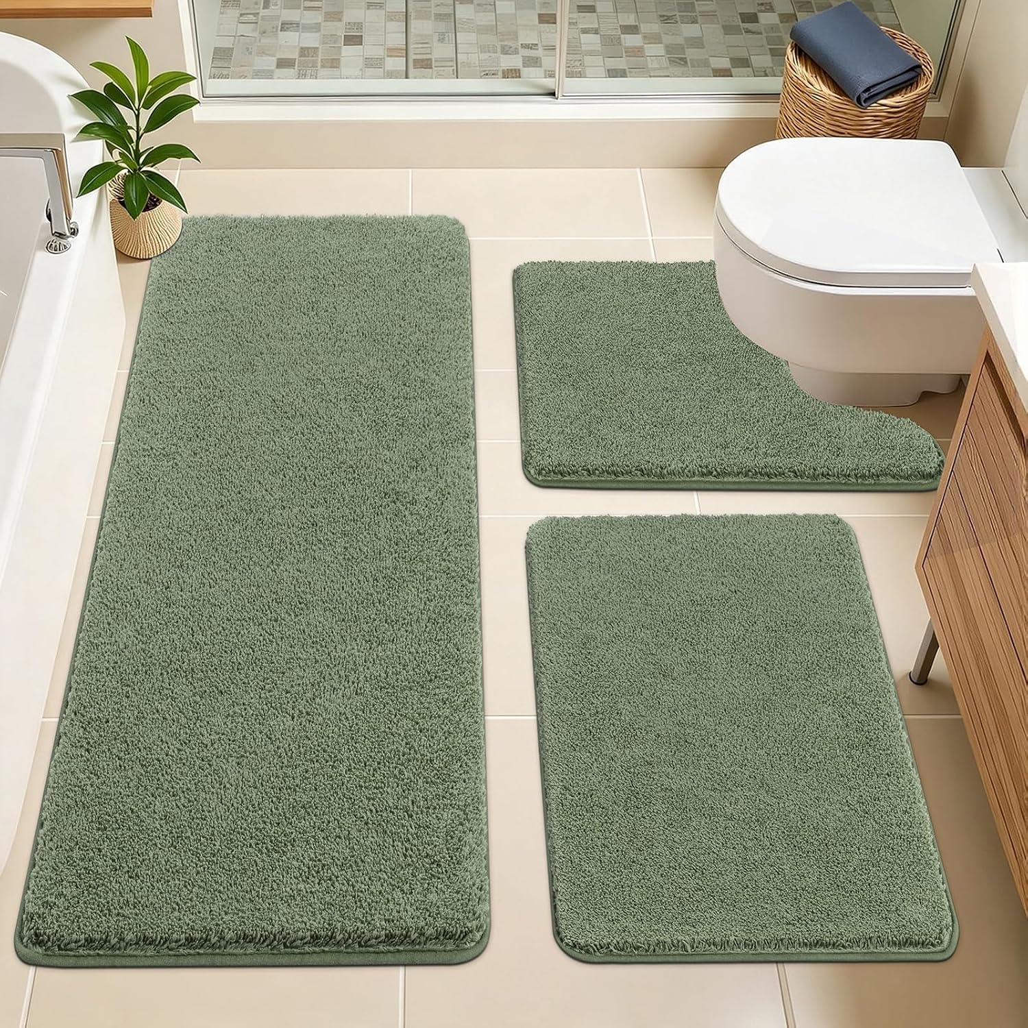 SHACOS Sage Green Bathroom Rugs Set of 3 Non Slip Washable Bath Mat