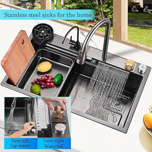 Miniatura 2 de NOYHHAV Waterfall Kitchen - Fregadero de cocina de 33 pulgadas, fregadero de cocina de acero inoxidable negro con grifo negro, instalación en