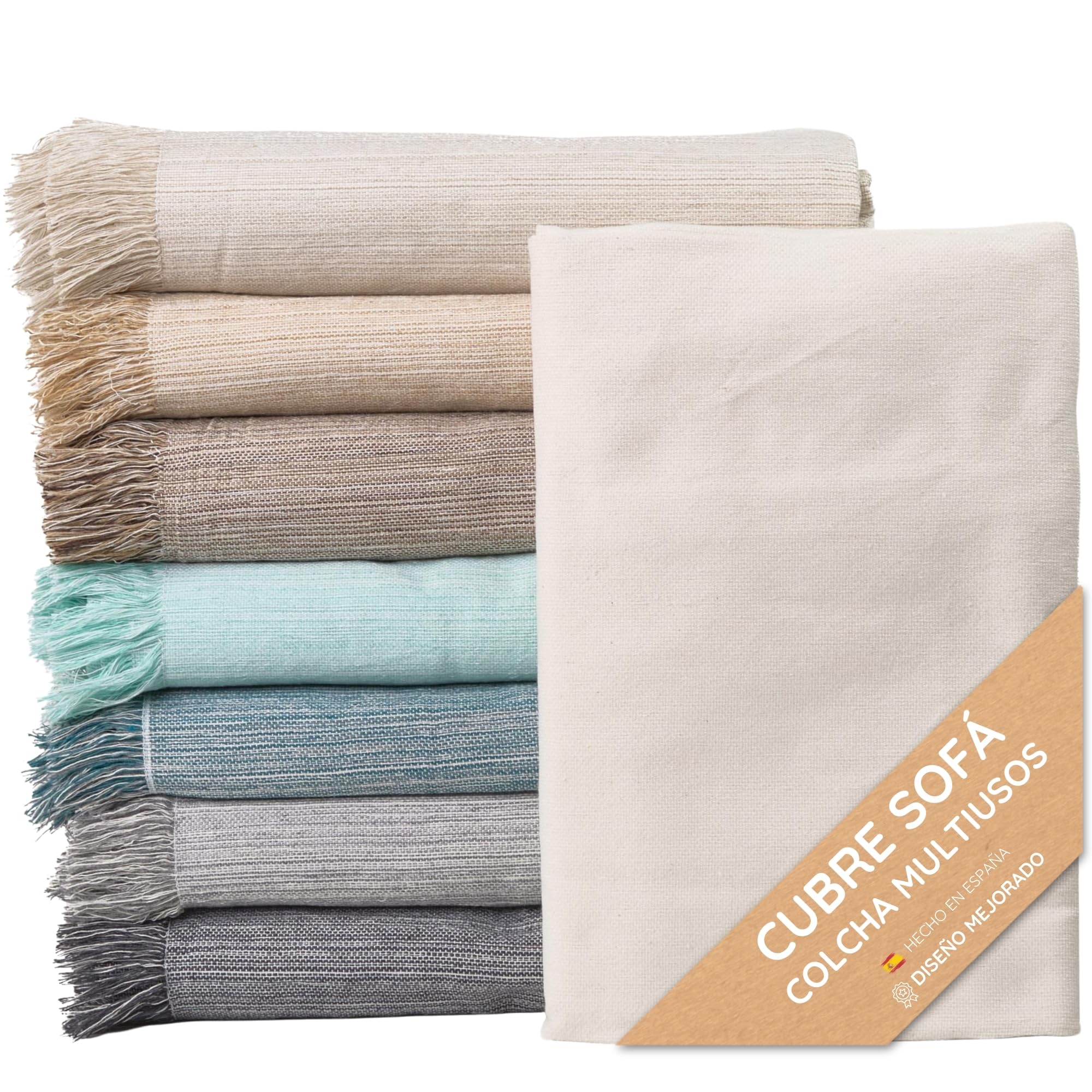 Colcha multiusos 180x260 cm en color crudo liso para cama y sofa fabricada en España
