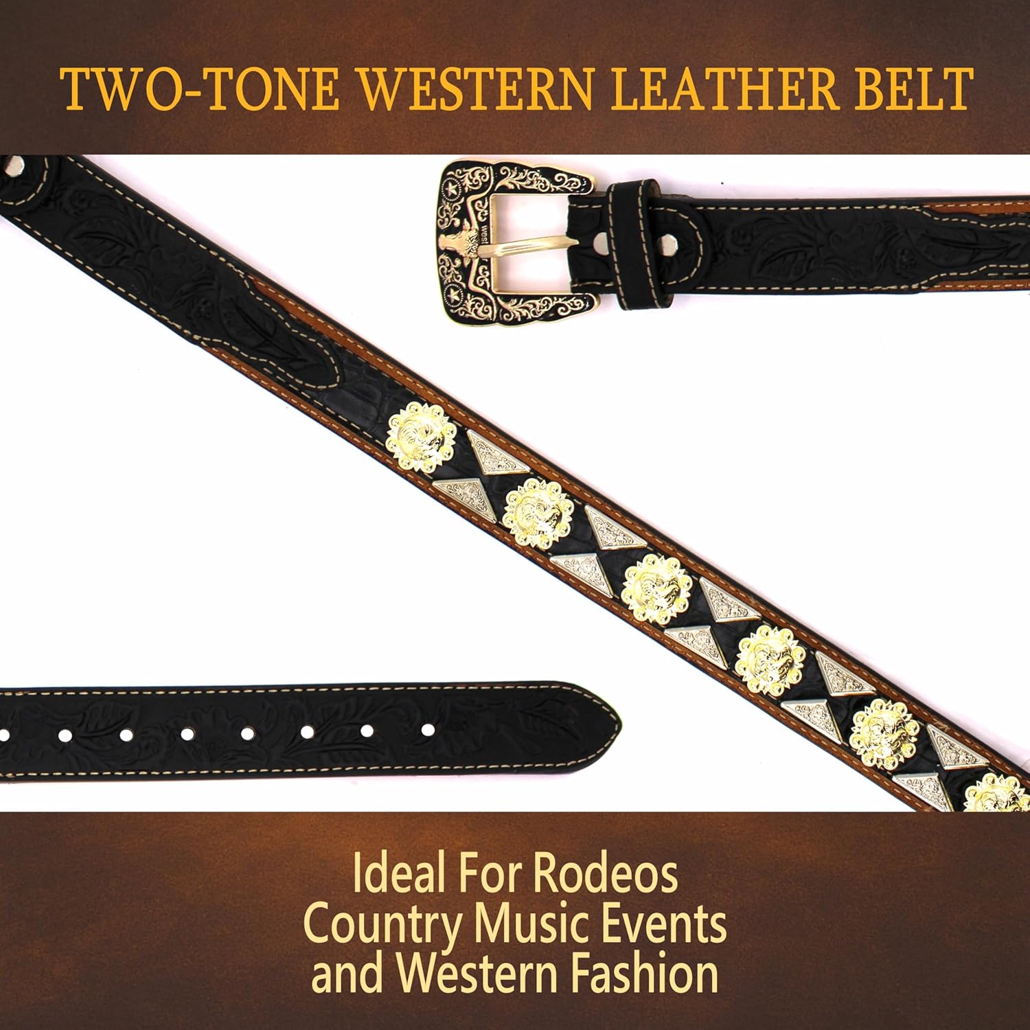 Western Concho Belt for Men & Women - Genuine Leather Tooled Belt
