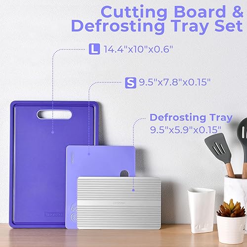 Miniatura 7 de Linoroso Juego de 3 tablas de cortar para cocina con bandeja de descongelación, tabla de cortar de plástico apta para lavavajillas con ranuras