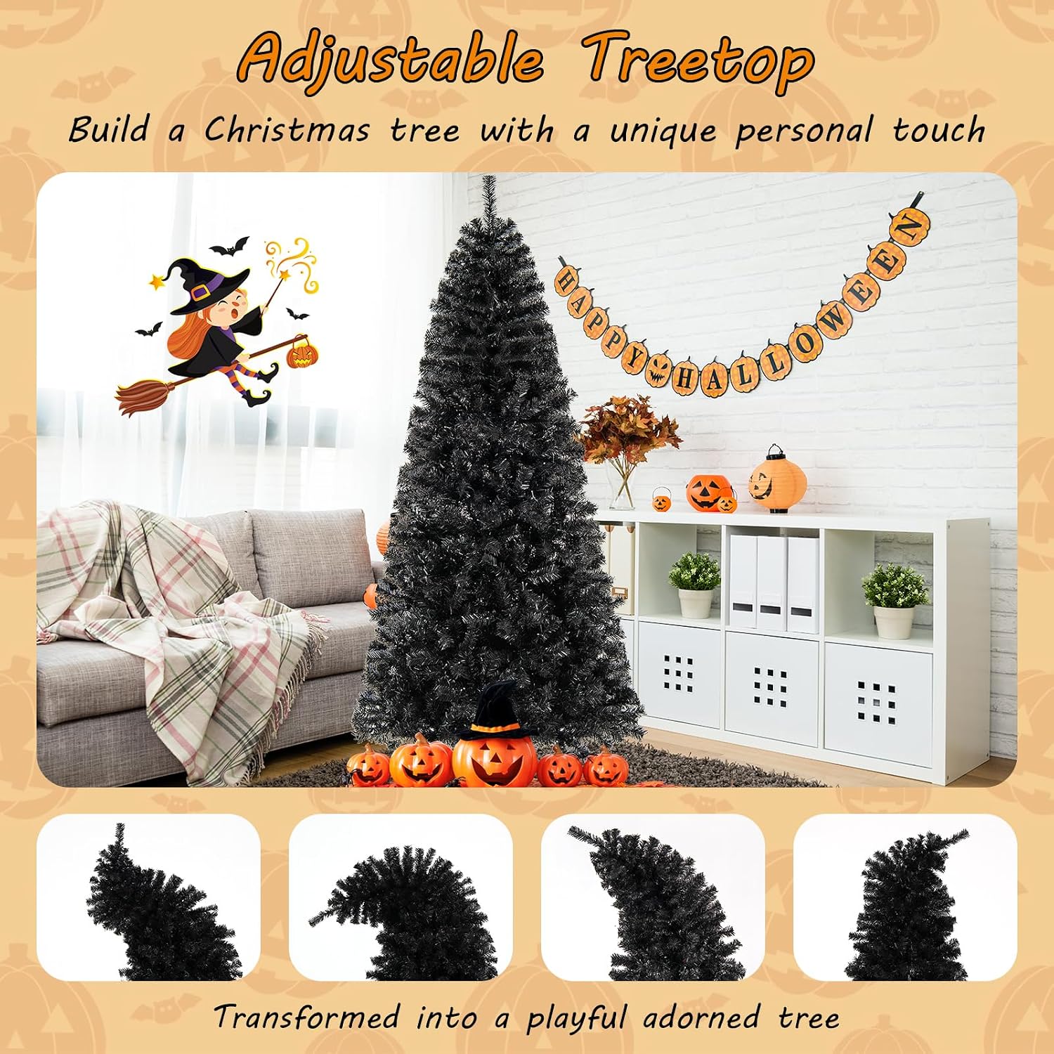 DORTALA Pre-Lit Black Christmas Tree 7 FT, Artificial Bendable Top Xmas Tree with 340 Warm White LED Lights, 1050 Branch Tips, Holiday Halloween Tree for Home Party