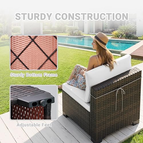 Miniatura 6 de LEVELEVE Juego de 7 muebles de patio al aire libre, juego seccional de conversación de ratán, sofá de mimbre de tejido manual con mesa de té