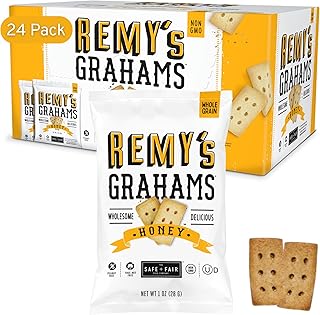 Safe + Fair Remy's Honey Grahams 24ct - Wholesome Healthy Snacks Bite-Sized Whole Grain Treats Single-Serve Pouches for School Lunches, Whole Grain, Clean Label Snacks - EBT Eligible Food Items