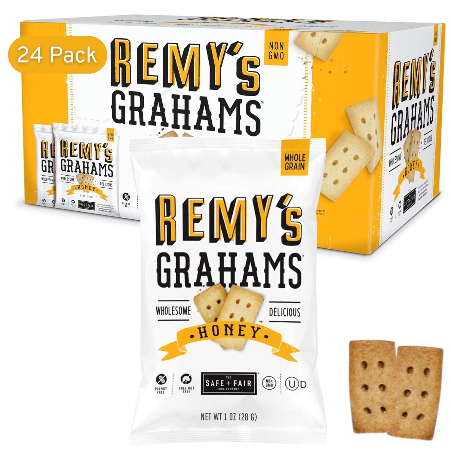Safe + Fair Remy's Cinnamon Grahams 24ct - Wholesome Healthy Snacks - Bite-Sized Whole Grain Treats - Single-Serve Pouches for School Lunches - Peanut/Tree Nut-Free - EBT Eligible Food Items