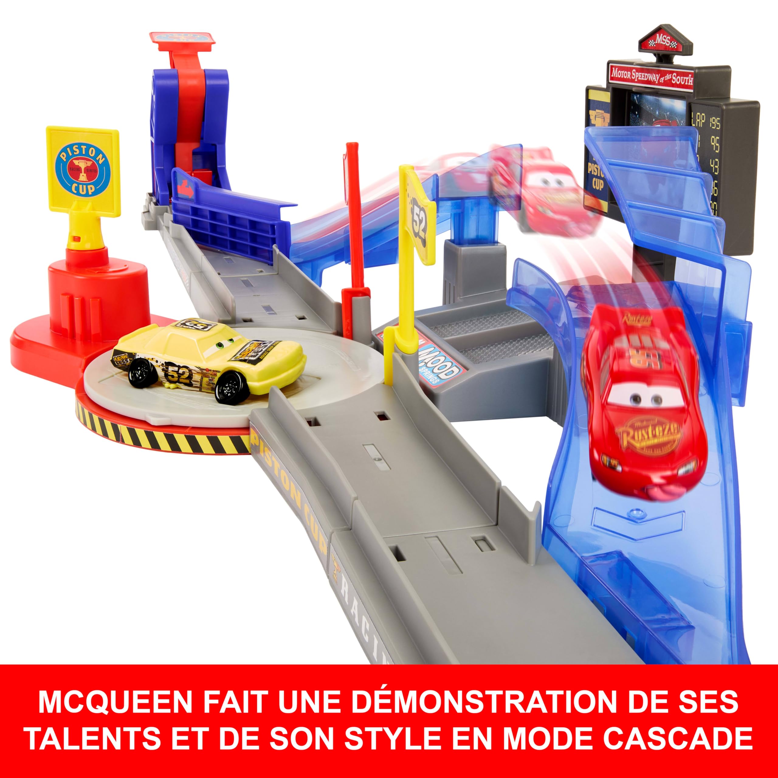 Mattel Disney · Pixar Cars Circuit Course Cascade Piston Cup avec Flash McQueen Langue pendue et Voiture accidentée, JHL42