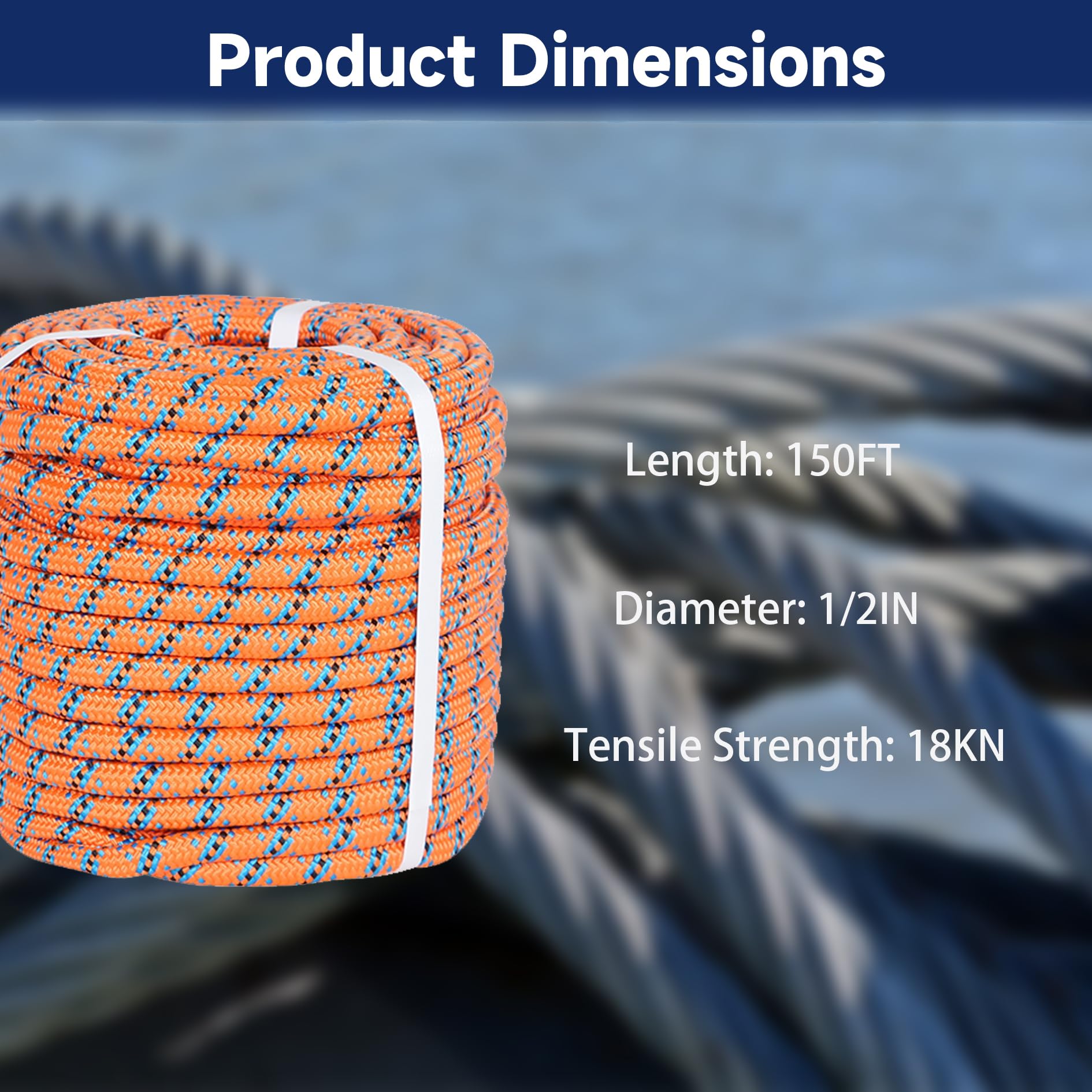 Corde d'arboriste pour arboriste, 1,27 cm par 45,2 m, 32 brins résistance à la traction jusqu'à 18 kN, orange, bleu, noir