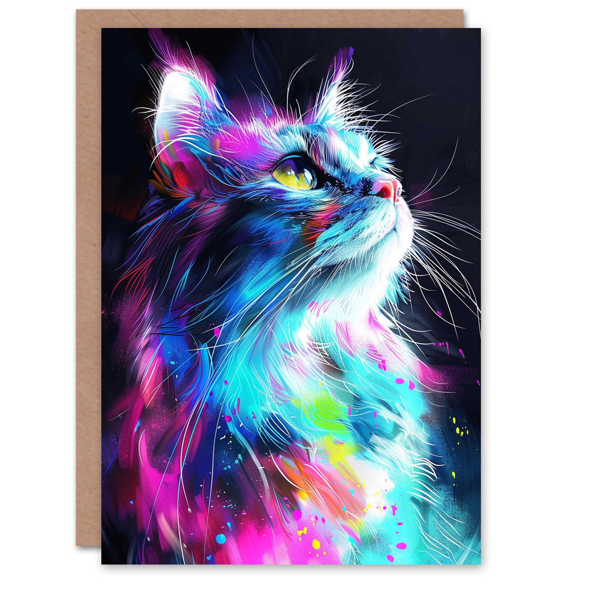 Artery8 Birthday Card Cat Lover Galactic Kitty Neon Colour Portrait For Her Gran Sister Niece Daughter Wife Woman Greeting Card