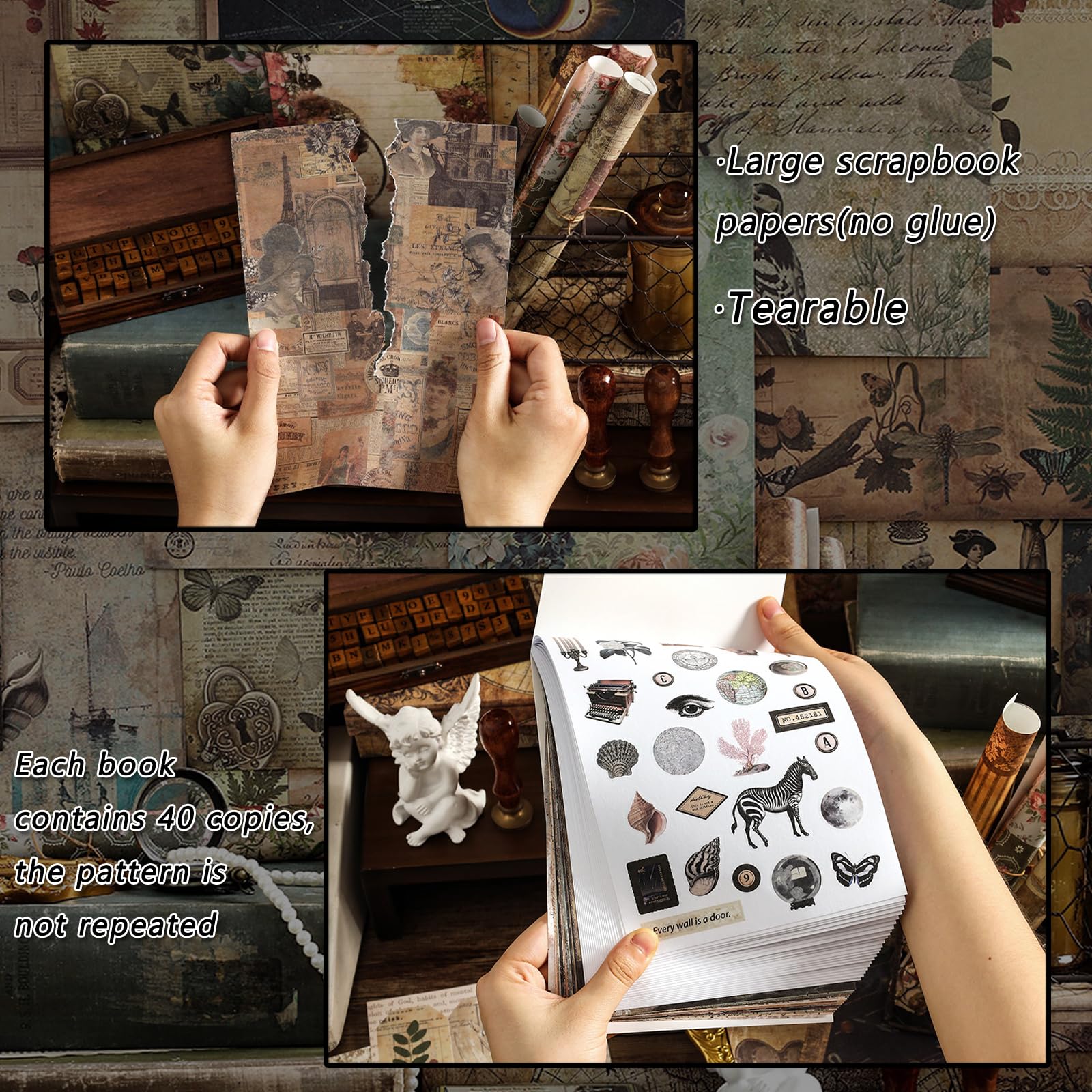 Prstincol Vintage Washi Aufkleber und Papiere für Scrapbooking, Ephemera-Buch für Kunstjournaling mit Naturwald-Themen-Aufklebern und Decoupage-Papieren für Junk Journal Bullet Journal