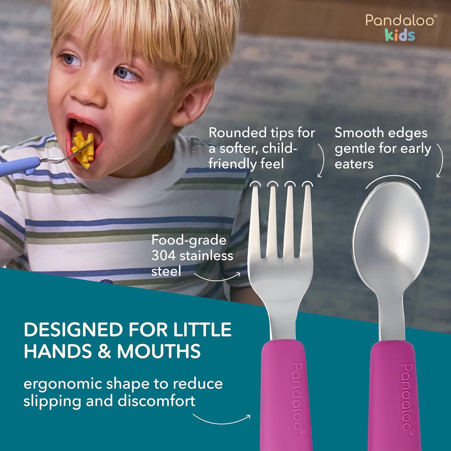 Pandaloo Kids Silverware with Soft Silicone Handle | Toddler Fork & Spoon Set (6pcs) | Toddler Utensils | Food-Grade Silicone + Stainless Steel | Dishwasher Safe | Encourages Independent Eating
