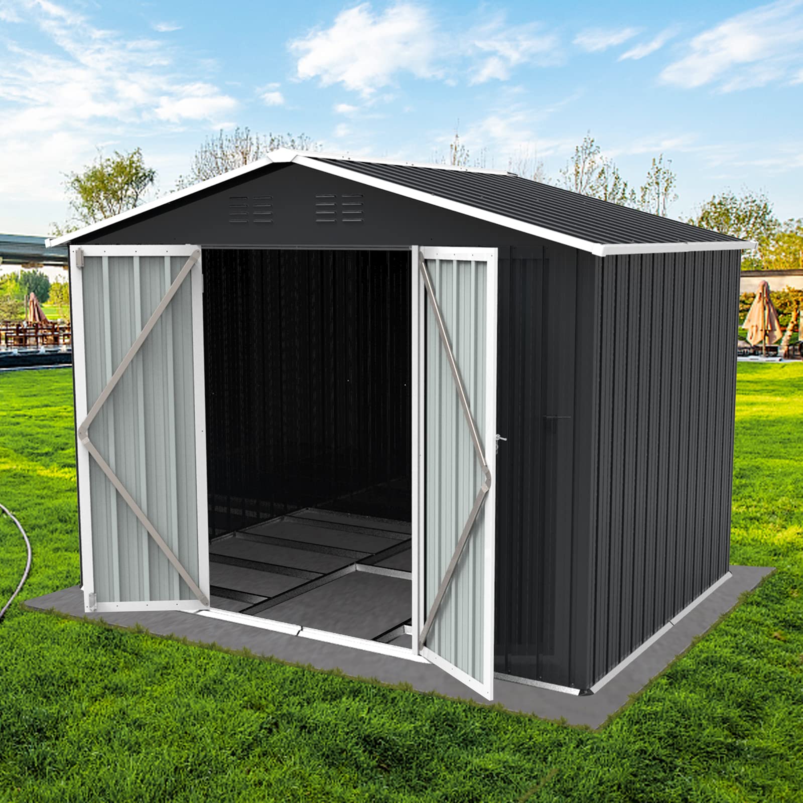DHPM Metal Outdoor Storage Shed 8FT x 6FT, Steel Utility Tool Shed