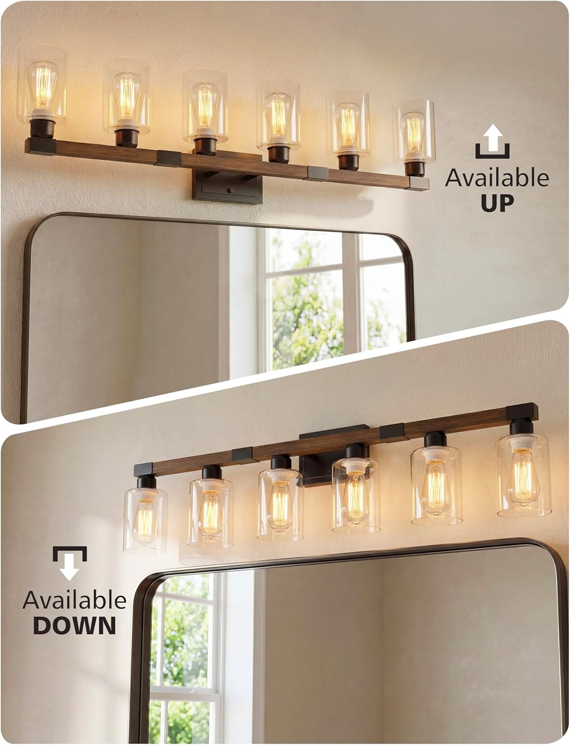 VOLISUN Farmhouse Bathroom Light Fixtures, 6 Light Bathroom Vanity Lights Over Mirror, Rustic Vanity Light for Bathrooms,Wood Bathrooms Lights Fixtures Over Mirror-UL Certificated