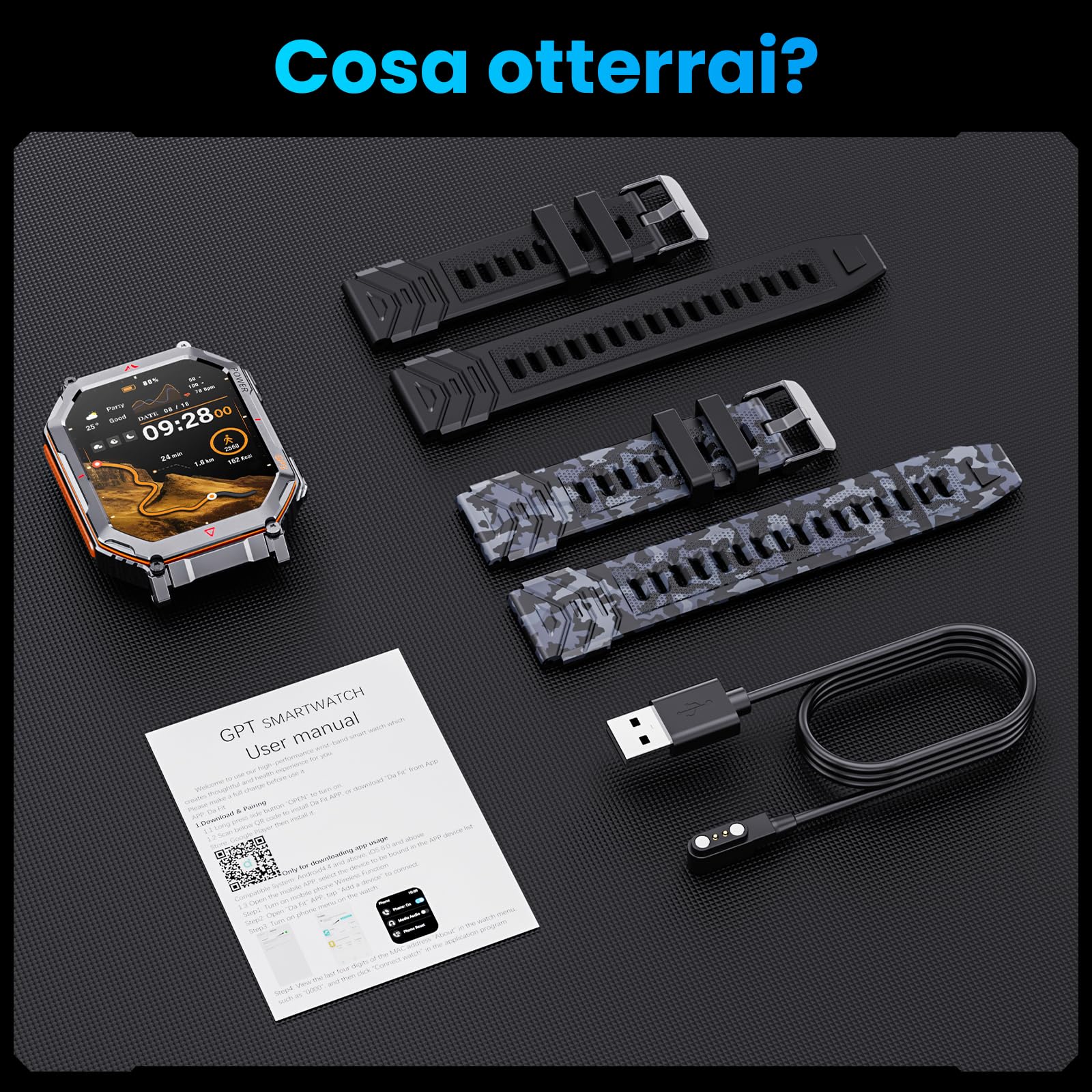 Orologio intelligente militare per uomini con GPS/bussola, assistente vocale GPT, display HD 2.01", chiamate Bluetooth, tracker fitness con modalità, compatibile con Android e iOS (Nero)