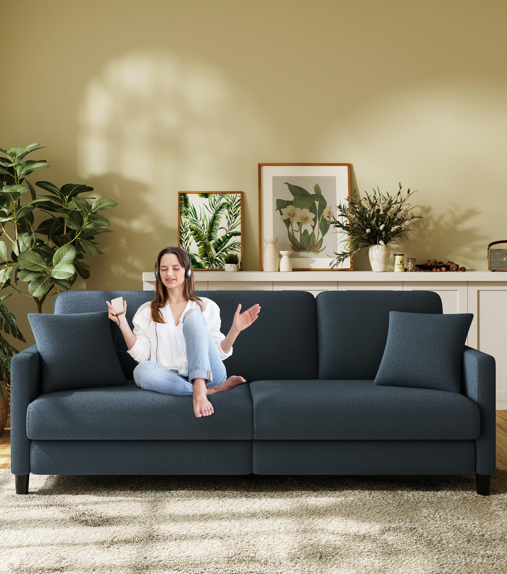 83" Sofa Couch for Bedroom, Couches for Living Room, Comfy Teddy Fleece Loveseat Sofa, All-Wood Sofas for Living Room, Tool-Free Setup Love Seat, Couch for Bedroom with 2 Pillows, Blue Grey