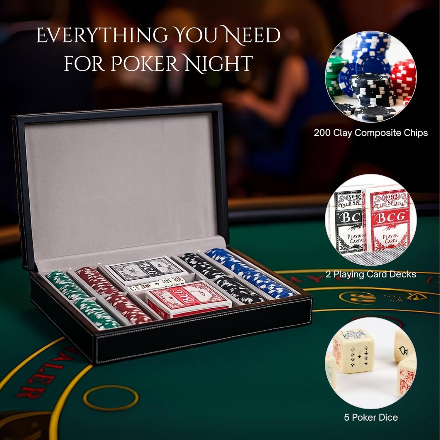 Bey-Berk Personalized Mason 200-Chip Leather Poker Set (Black), 11.5g Clay Composite Chips with Playing Cards and Dice in 12" x 8" x 2.75" Case