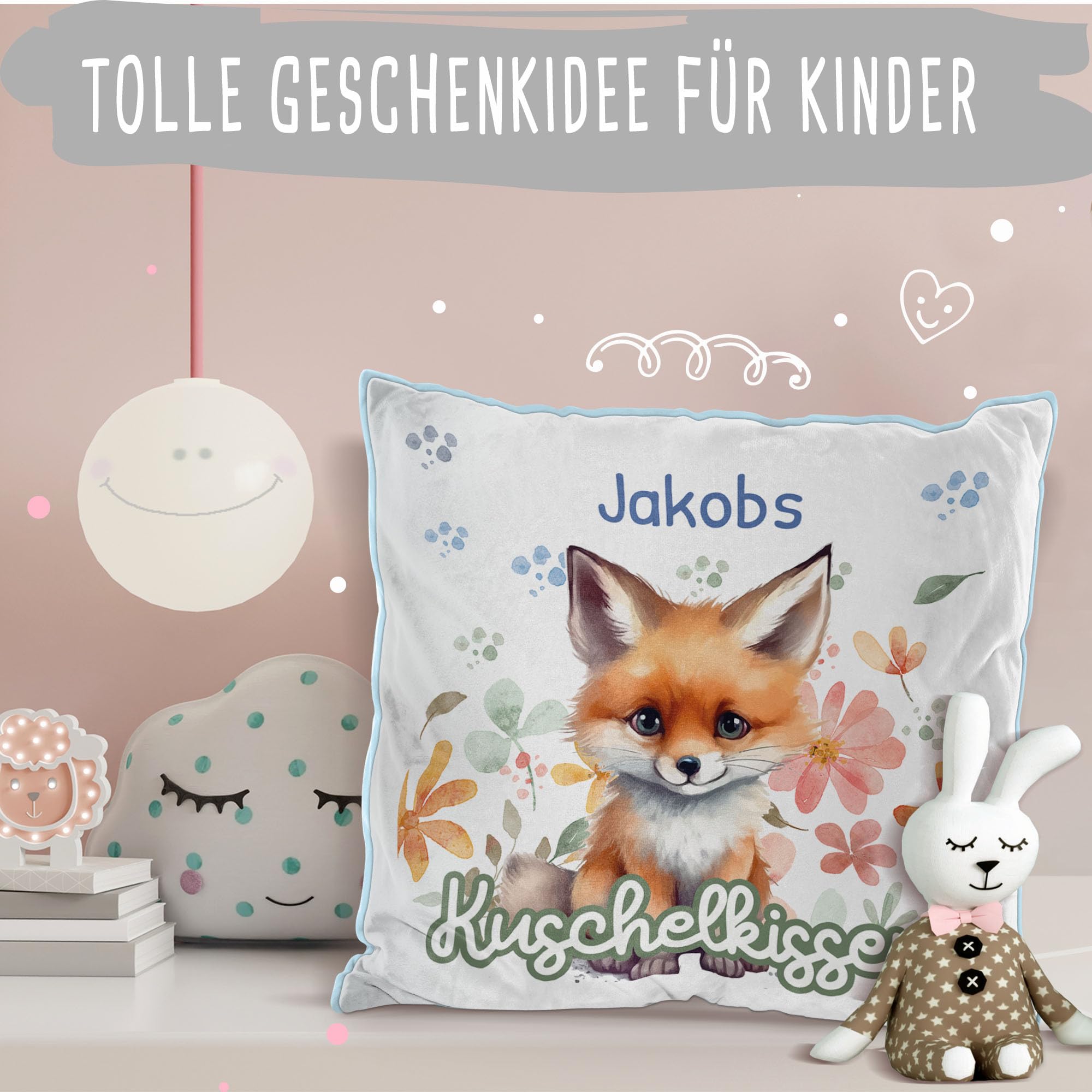 Print Royal PR Flauschiges Kuschel-Kissen für Kinder mit Füllung mit Name selbst gestalten - Fuchs Kissen für Mädchen und Jungs, Kinderkissen mit Name | 40 x 40 cm, Rückseite Hellblau Flauschig