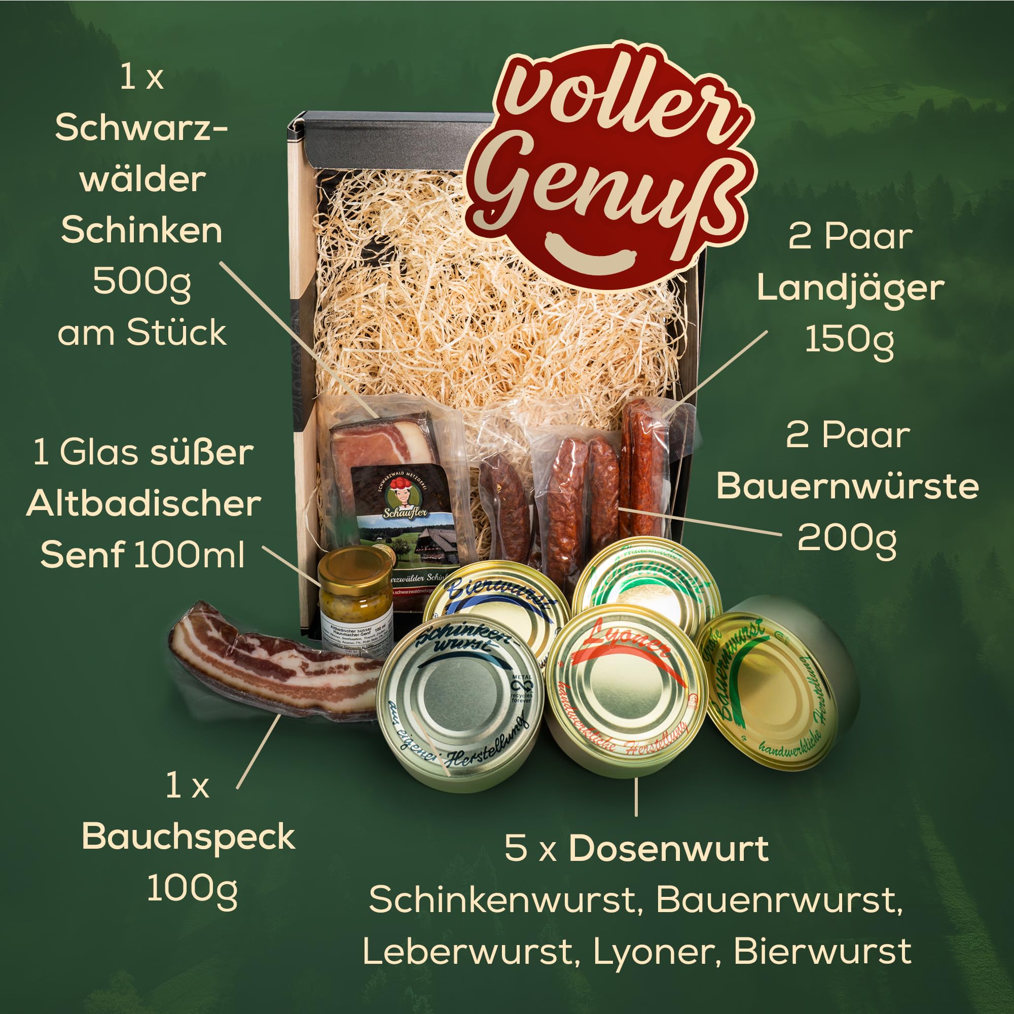Schwarzwald Metzgerei Geschenkset Dosenwurst 10-teilig Wurstspezialitäten Altbadischer Senf Schinken Speck