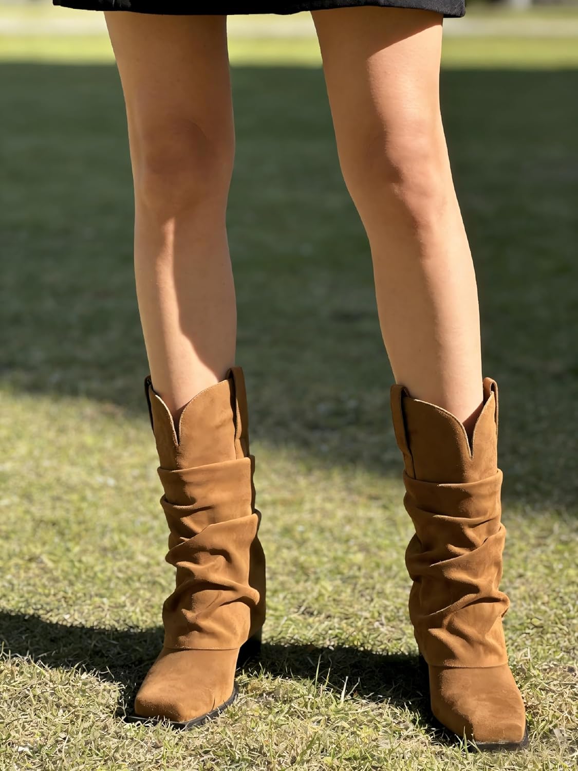 Cowboy Boots for Women Cowgirl Boots Mid Calf Square Toe Fold Over Chunky Heel Slouchy Suede Boots - Image 5