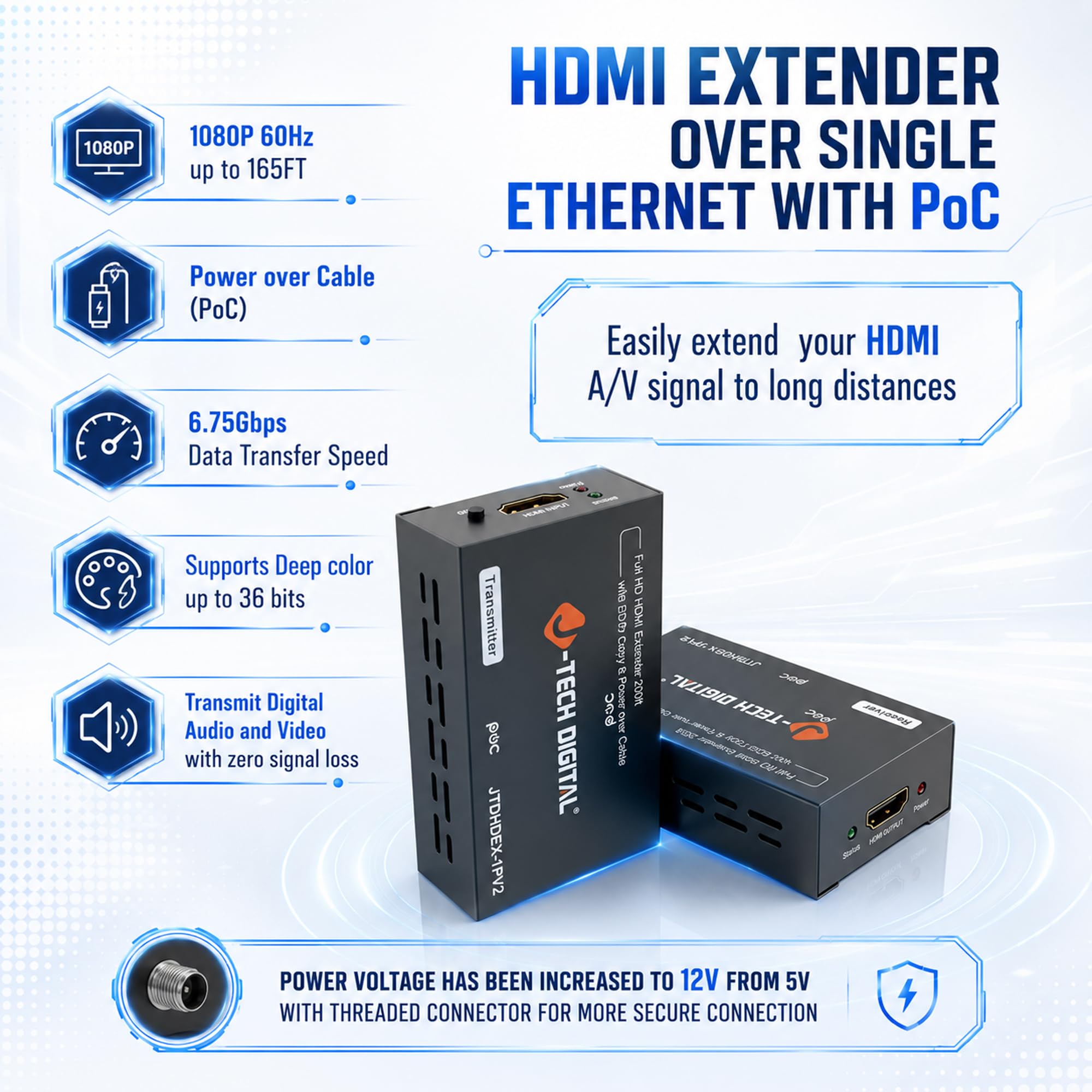 Extensor HDMI 1080P 60Hz sobre un solo CAT 5e/6/7 PoC (cable de alimentación) hasta 60 m | Color profundo, copia EDID, cero pérdida de señal por J-Tech Digital [JTDHDEX-1P]